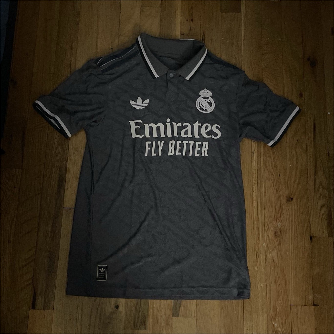 adidas Real Madrid Gray Emirates Fly Better Short Sleeve Soccer Jersey adidas Real Madrid Gray Emirates Fly Better Short Sleeve Soccer Jersey