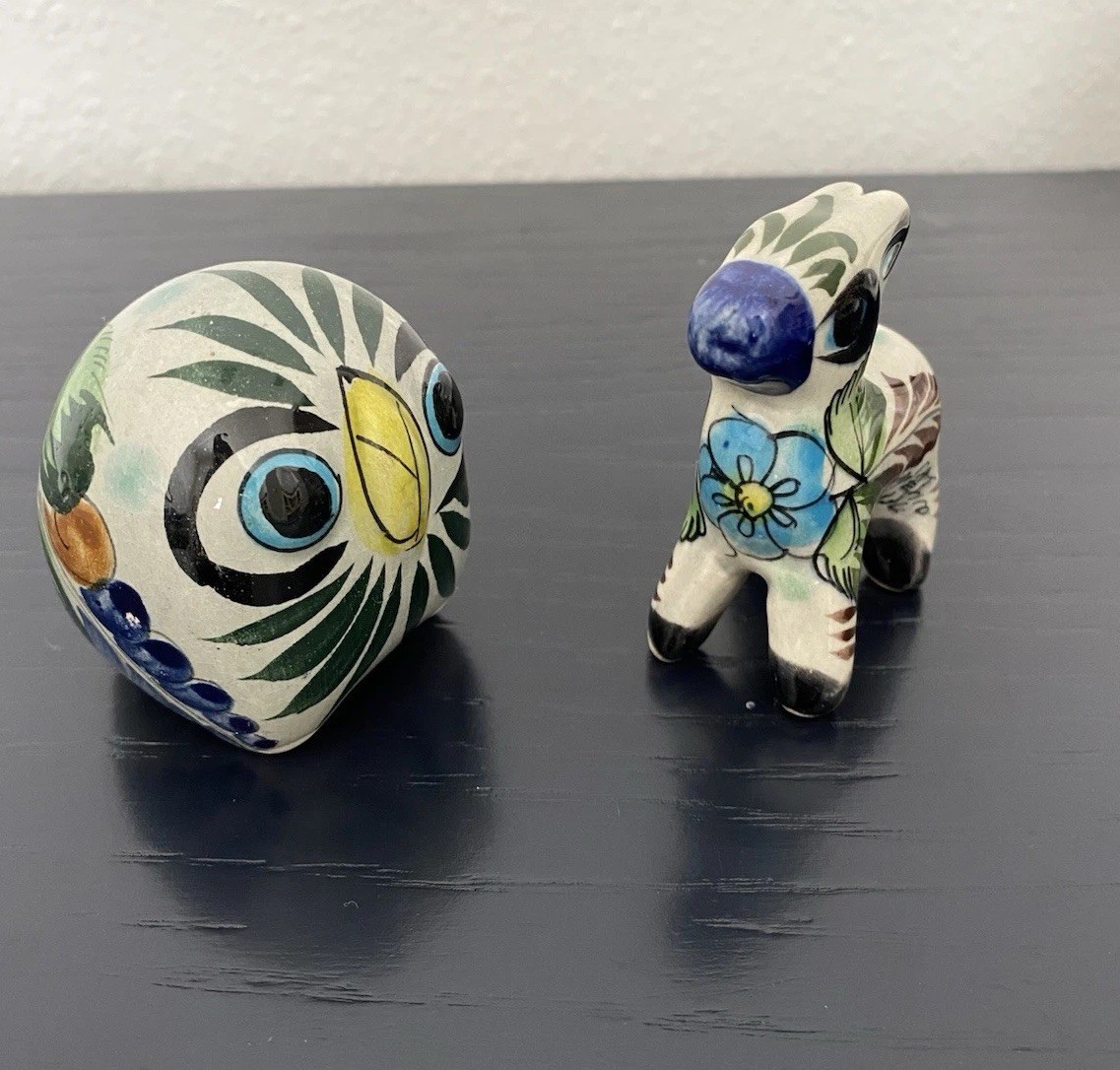 VTG 1970s Miniature Mexican Tonala Pottery Owl & Donkey Handmade Folk Art VTG 1970s Miniature Mexican Tonala Pottery Owl & Donkey Handmade Folk Art