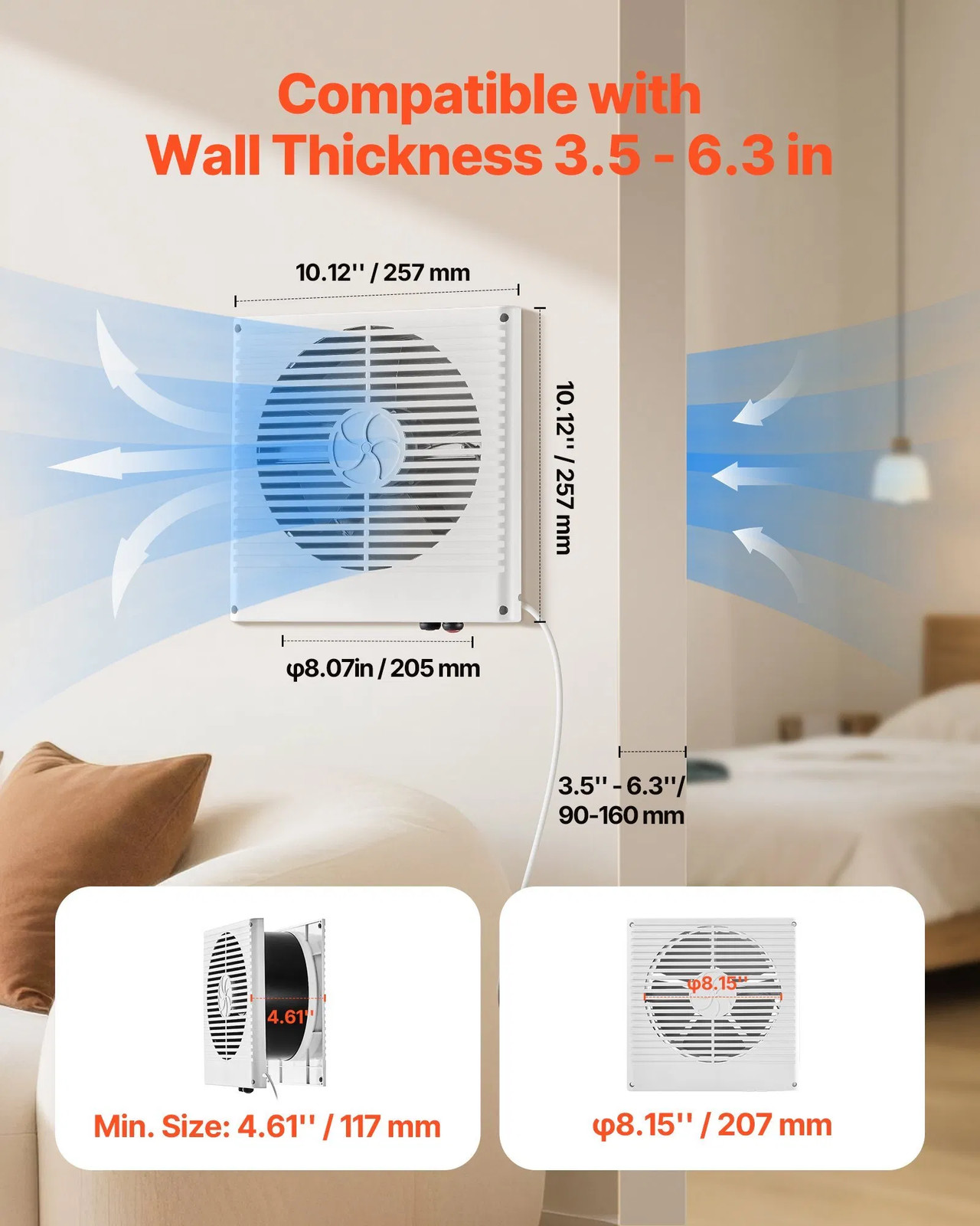 Vevor 7.5-In Room to Room Through Wall Fan, AC Motor, 180 CFM