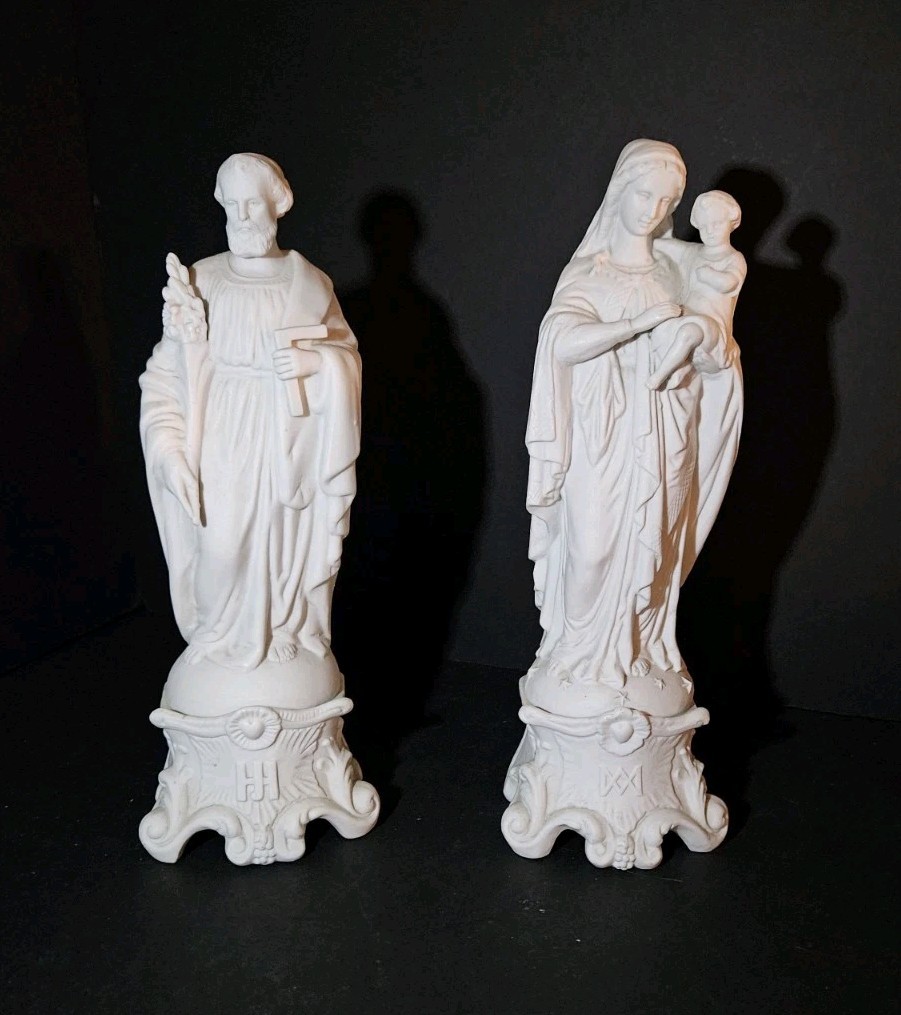 Antique Mauger et Fils French Bisque Porcelain Statues Mary Joseph Pair IHS AM Antique Mauger et Fils French Bisque Porcelain Statues Mary Joseph Pair IHS AM