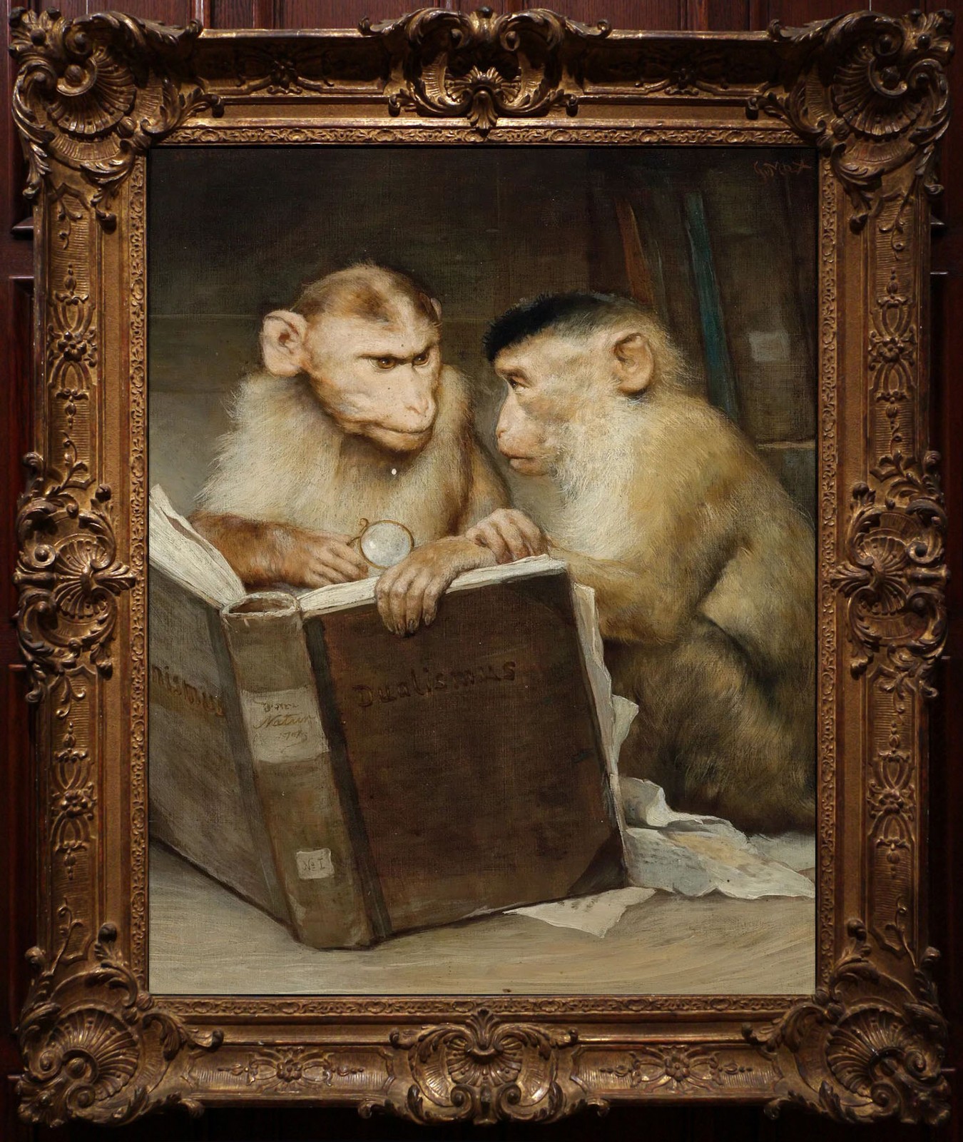 Hand Painted Oil Painting Two Monkeys Reading Antique Book Classical Animal Art Hand Painted Oil Painting Two Monkeys Reading Antique Book Classical Animal Art