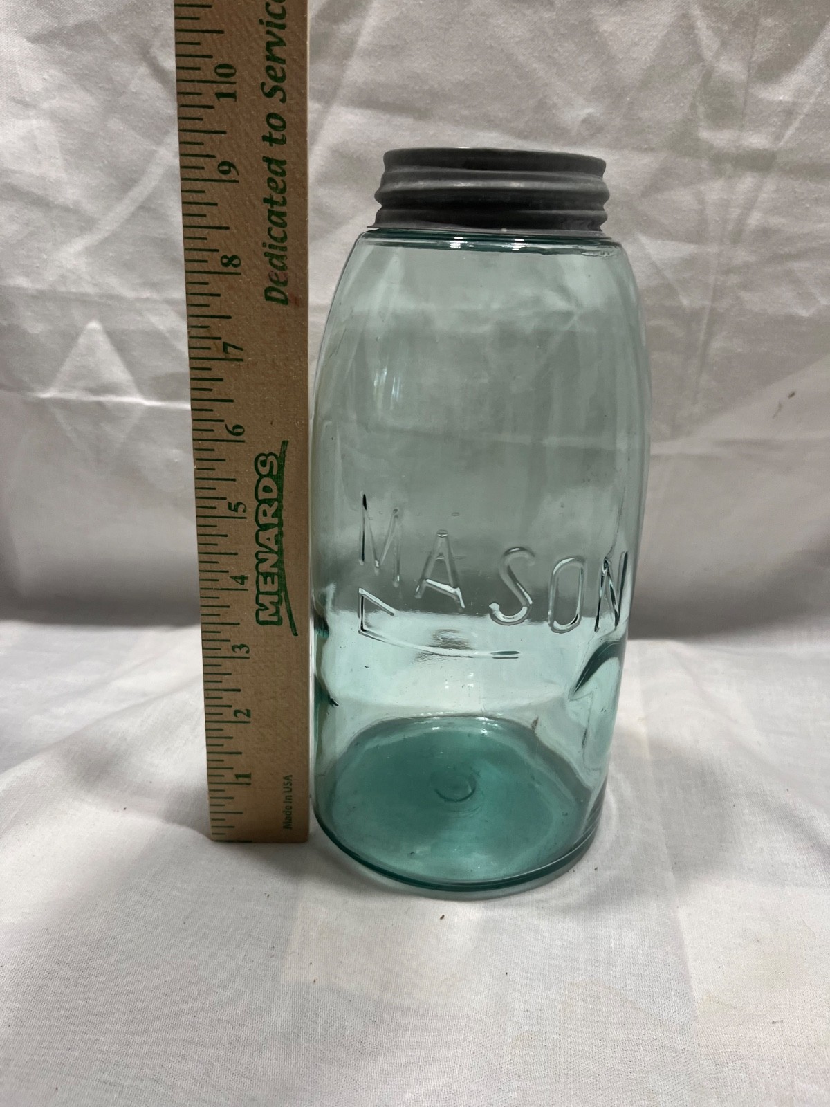 Antique Aqua half gallon Mason Jar Ground Lip Zinc Lid. 1858 Patent Style Decor. Antique Aqua half gallon Mason Jar Ground Lip Zinc Lid. 1858 Patent Style Decor.