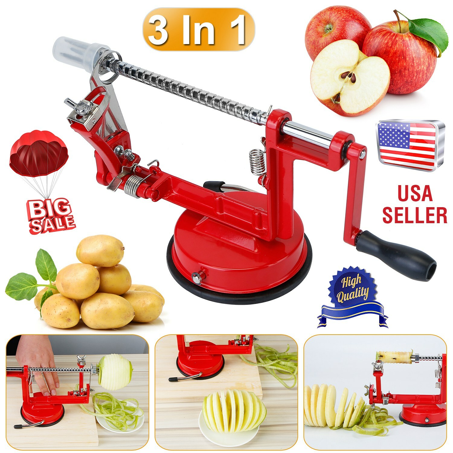 3 in 1 Heavy Duty Fruit Peeler Apple Peeler Corer Slicer Potato w/ Suction Base