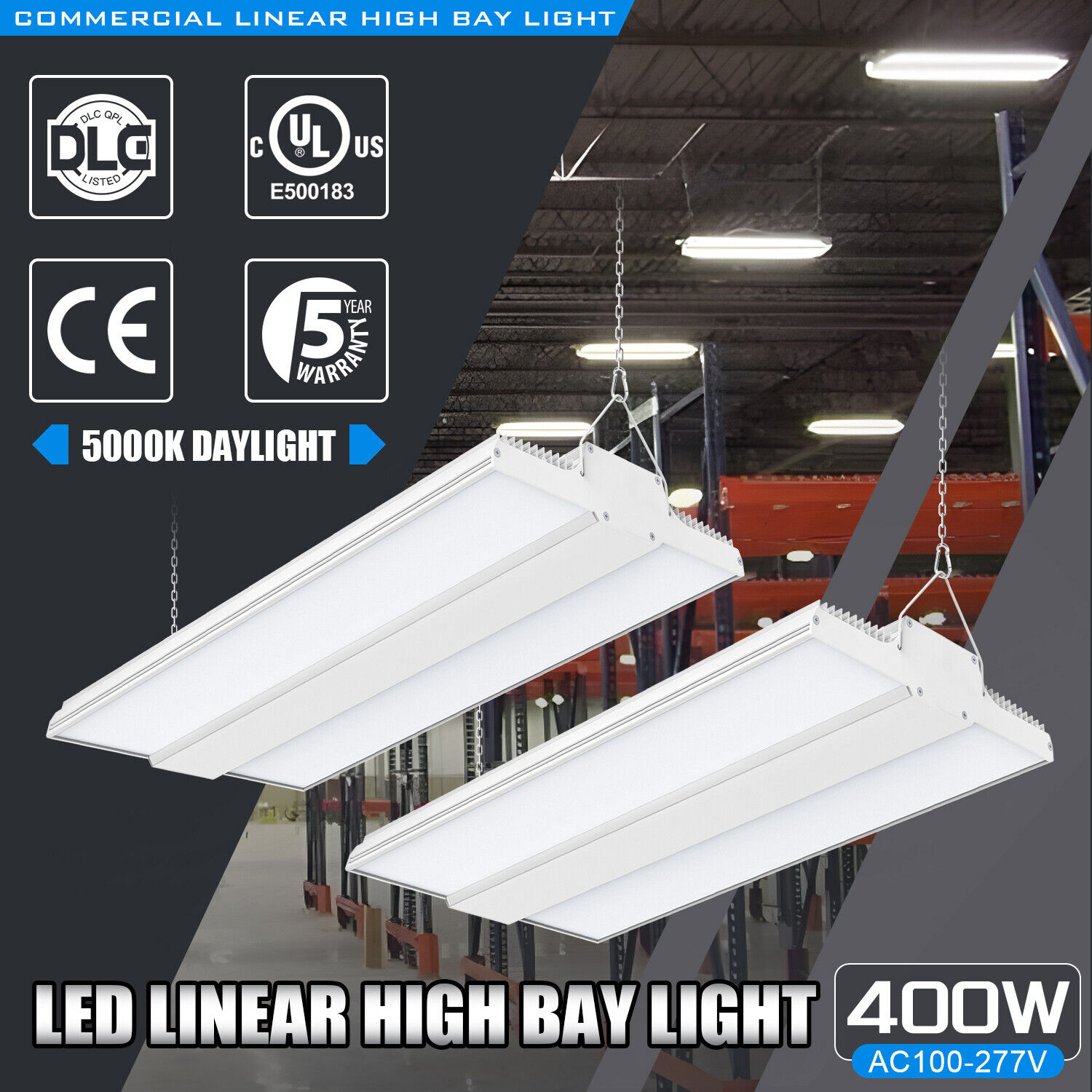 2 Pack - 400W LED Linear High Bay Light  Equiv. 1500W MH/HPS Commercial Fixtures