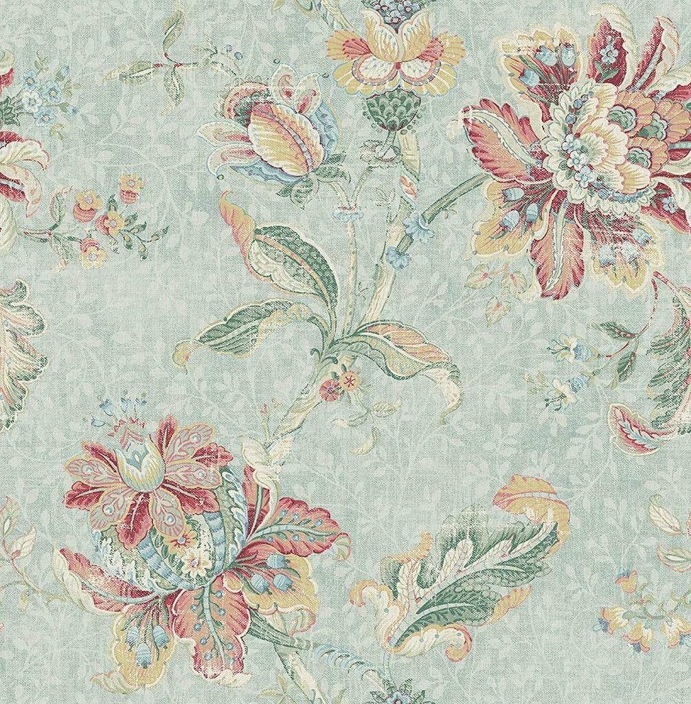 Wallpaper Green Teal Red Gold Jacobean Floral on Green Faux , 56 sq ft / bolt Wallpaper Green Teal Red Gold Jacobean Floral on Green Faux , 56 sq ft / bolt