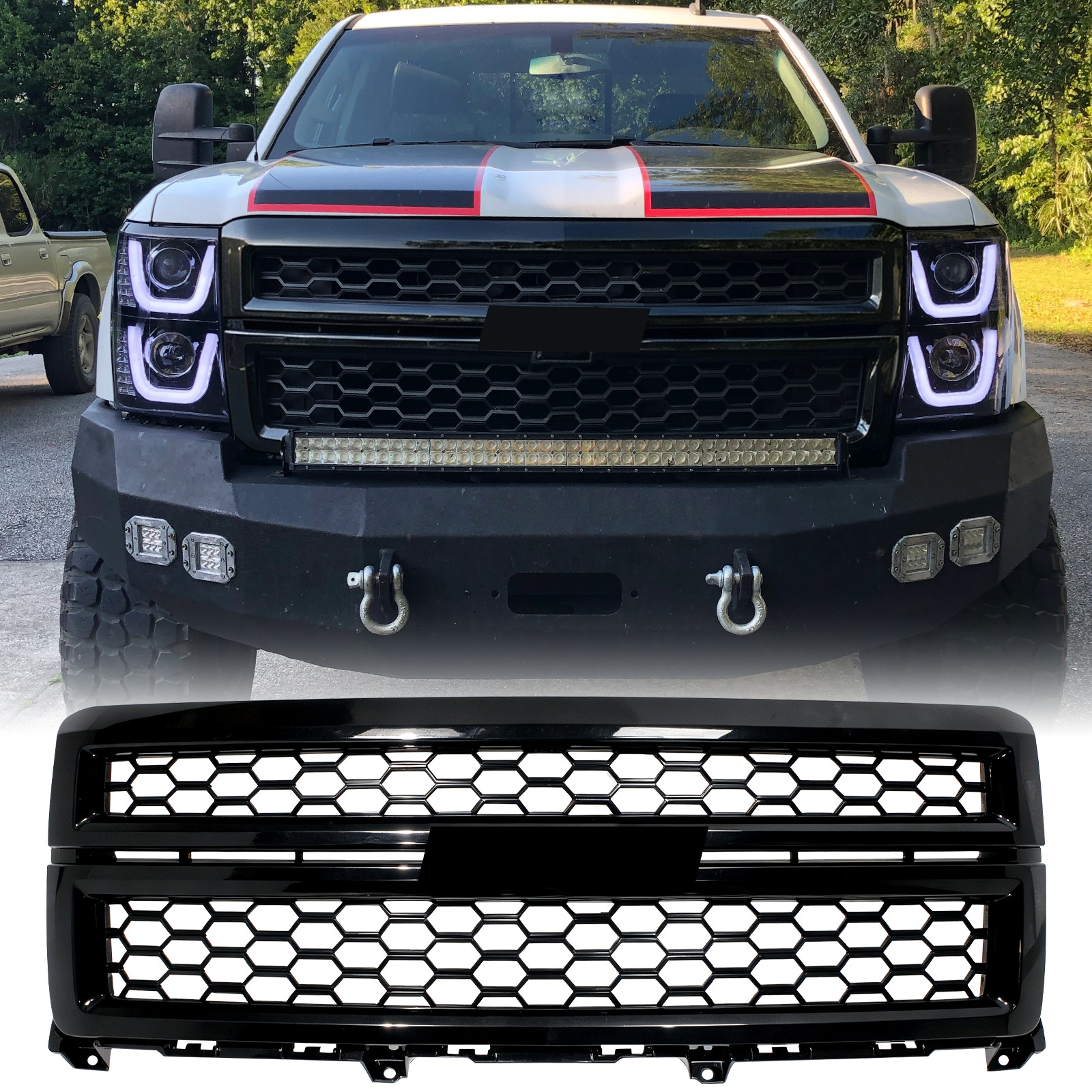 Fit For 2014-2015 Silverado 1500 LTZ Honeycomb Grille Replacement Gloss Black
