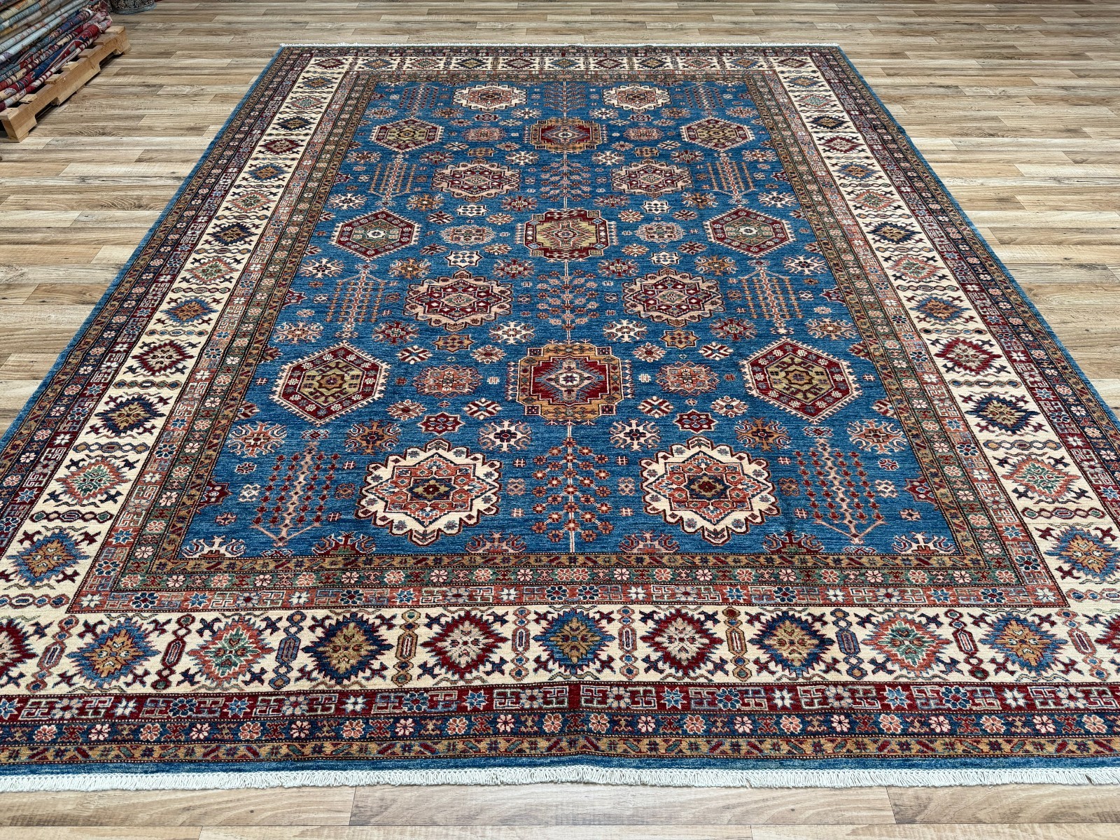 10x13 ft Blue Kazak Afghan Hand Knotted Wool Oriental Rug