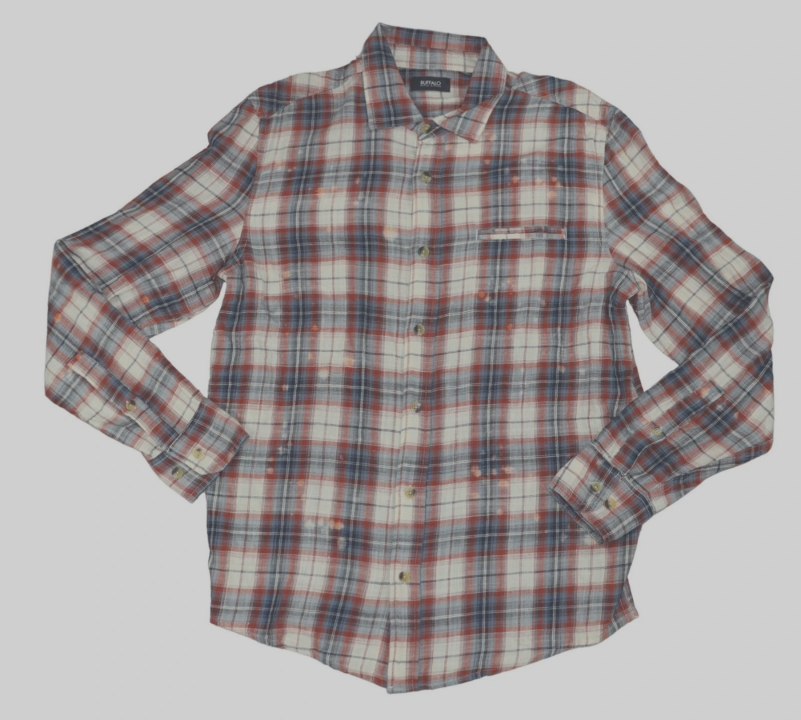 BUFFALO David Bitton Mirage Tan Blue Plaid Blotchy Distressed Shirt NEW Medium BUFFALO David Bitton Mirage Tan Blue Plaid Blotchy Distressed Shirt NEW Medium