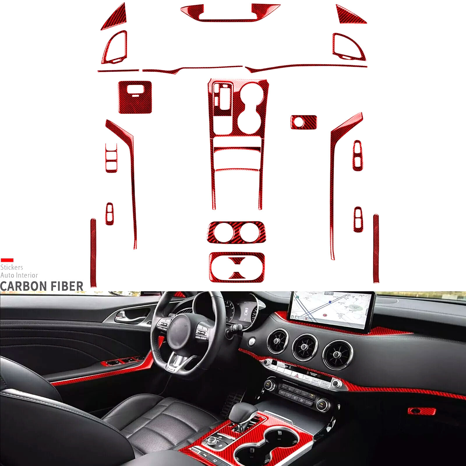 30Pcs Red Carbon Fiber Kits Full Interior Trim Cover For Kia Stinger GT 2018-23