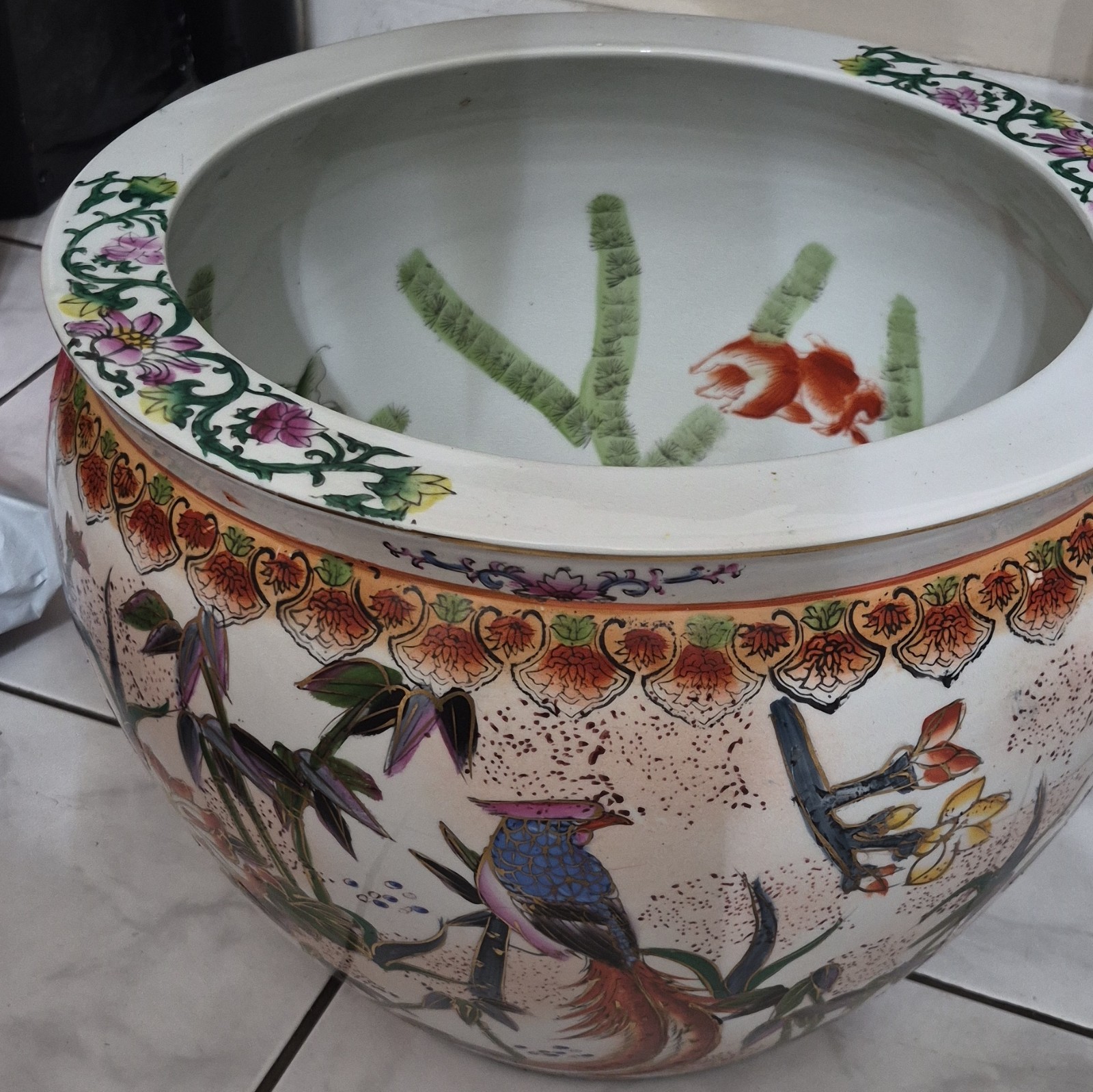 Large Vintage Chinese Famille Rose Cache Pot Fish Bowl Planter Large Vintage Chinese Famille Rose Cache Pot Fish Bowl Planter