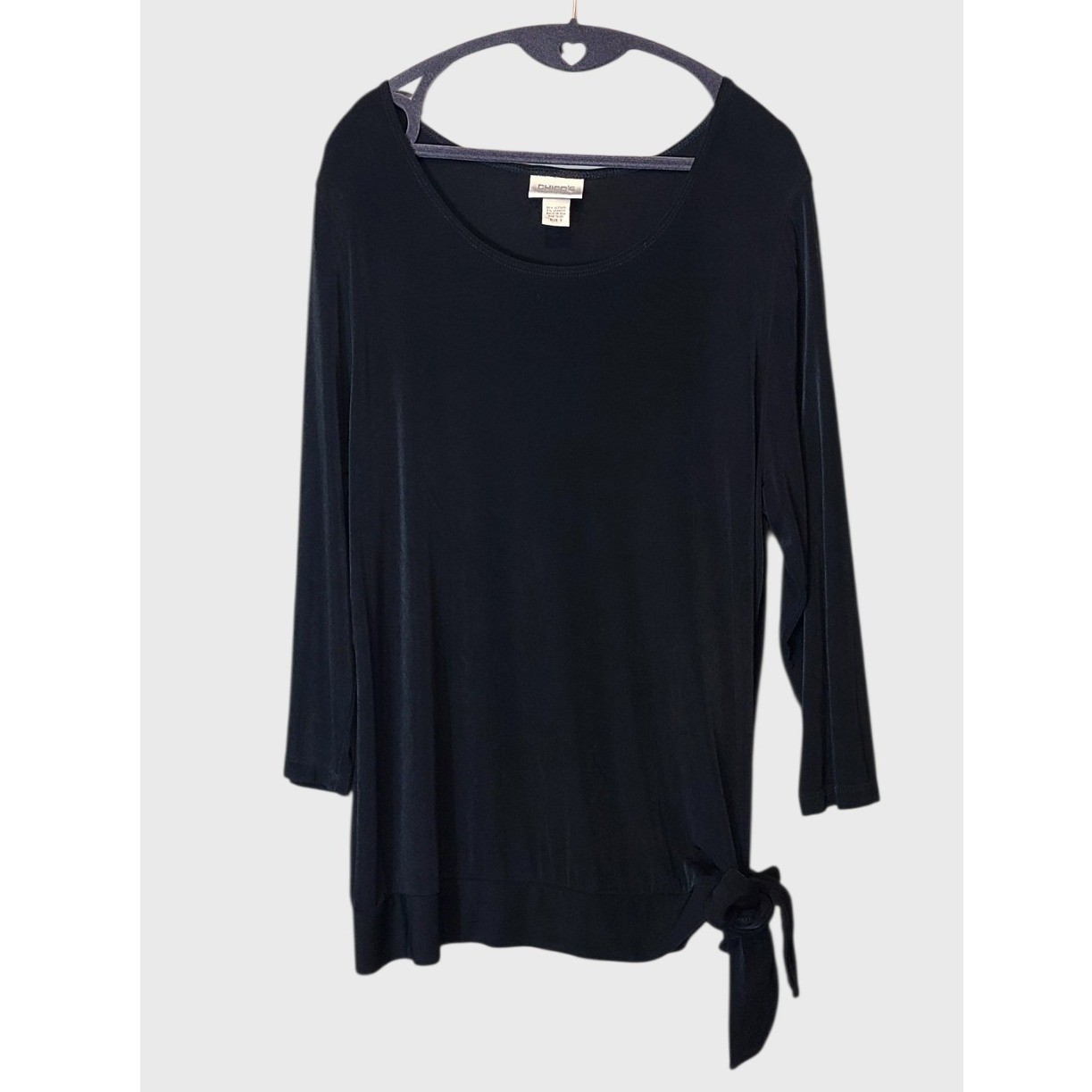 Chicos Travelers Black Side Tie 3/4 Sleeve Knit Top Size 3 L XL RN 79984