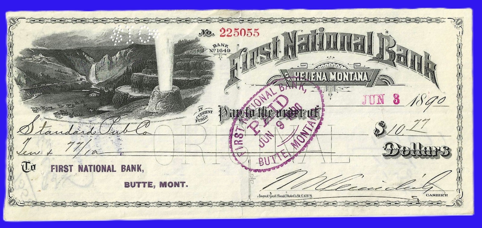 RARE1🔥1890 Helena Montana First National Bank Check $10.77
