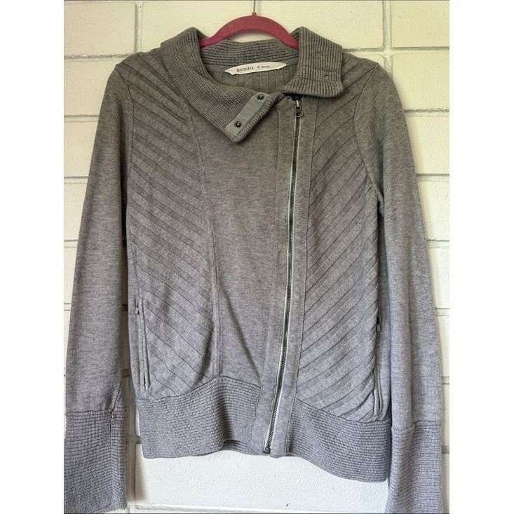 Athleta Gray Asymmetrical Zip Chevron Cardigan Jacket Moto Style Medium Athleta Gray Asymmetrical Zip Chevron Cardigan Jacket Moto Style Medium