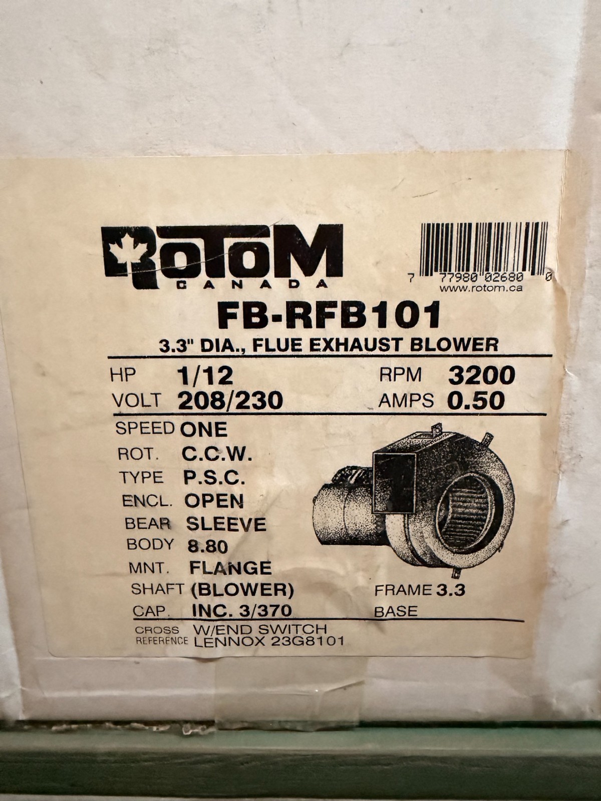Rotom FB-RFB101 Draft Inducer Blower 208/230V for Lennox