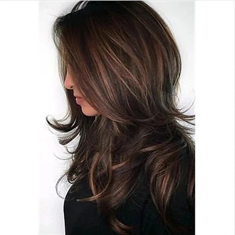Real Human Hair New Fashion Women\'s Layered Long Dark Brown Wavy Full Wigs 24 In Real Human Hair New Fashion Women\'s Layered Long Dark Brown Wavy Full Wigs 24 In