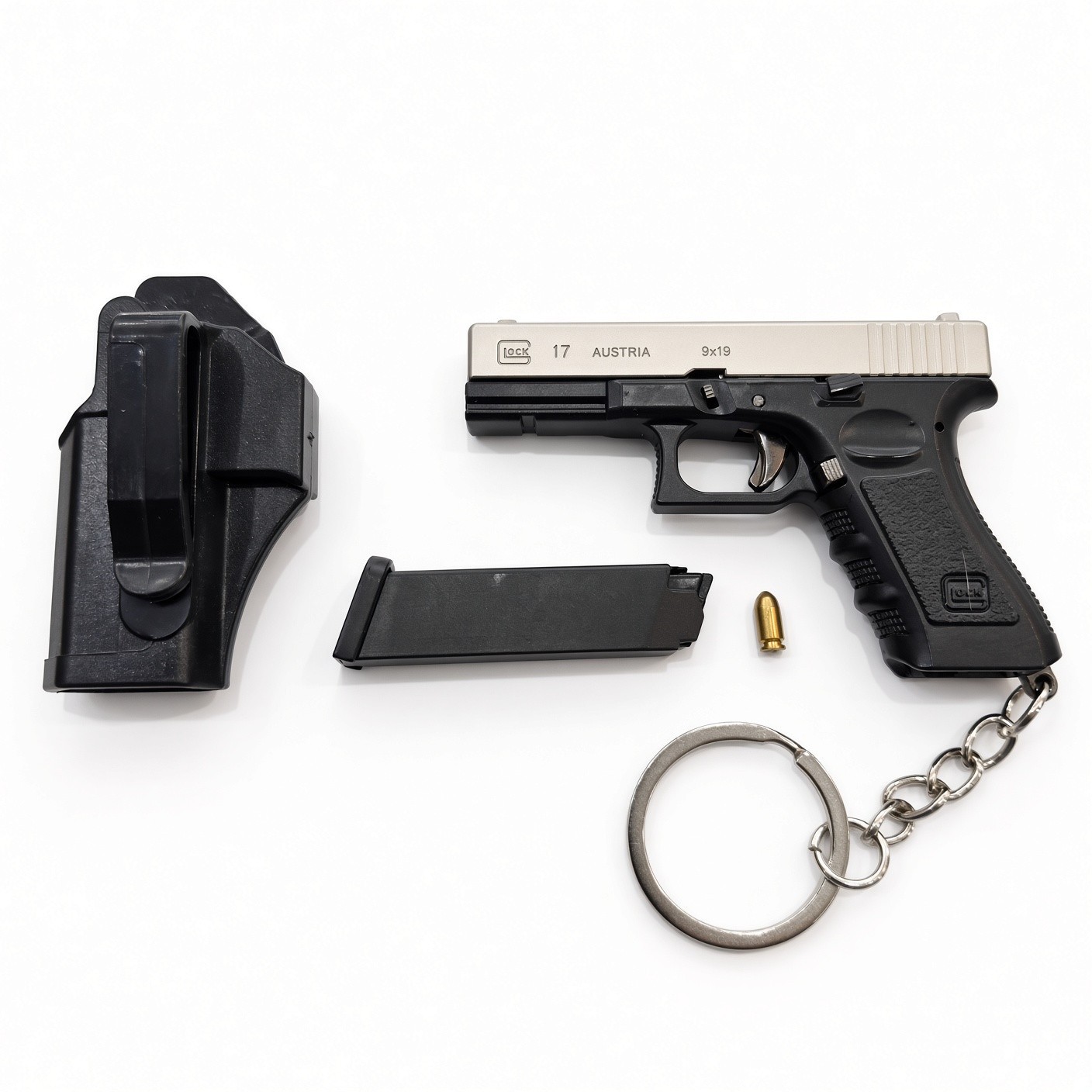 Gun/Pistol Black Silver Mini All Metal Keychain Bullet w/Belt Clip Holster Ring