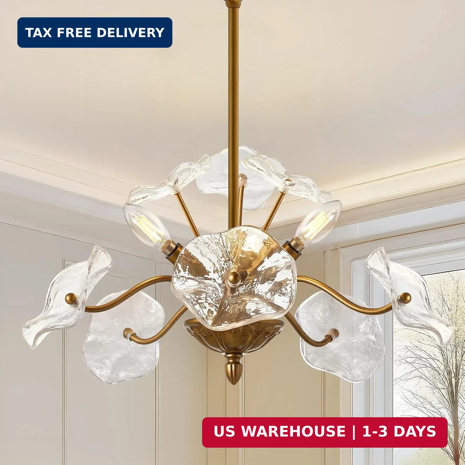 Luvkczc Modern Gold Chandelier,Vintage Brass Flower Glass Pendant Light Fixture,