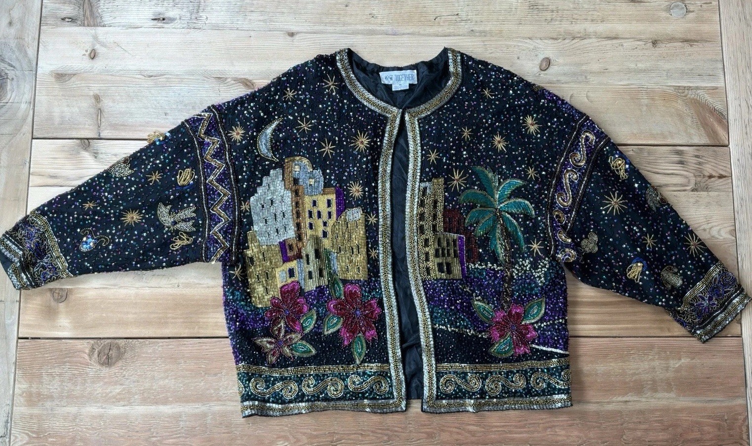 Vintage Together 80’s Hand Beaded Sequin Jacket Cityscape EveningArt Wear Med