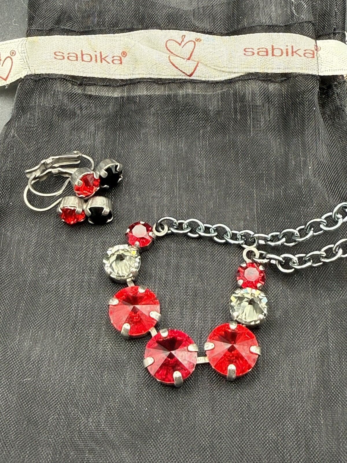 Sabika W14 Hostess Exclusive Cluster Necklace Earring Set Red Black Silver Rare