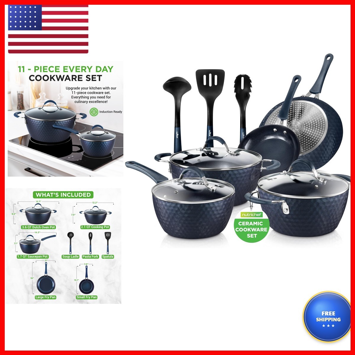 NutriChef NCCW11DS 11 Piece Pots and Pans Set - Diamond Blue NutriChef NCCW11DS 11 Piece Pots and Pans Set - Diamond Blue