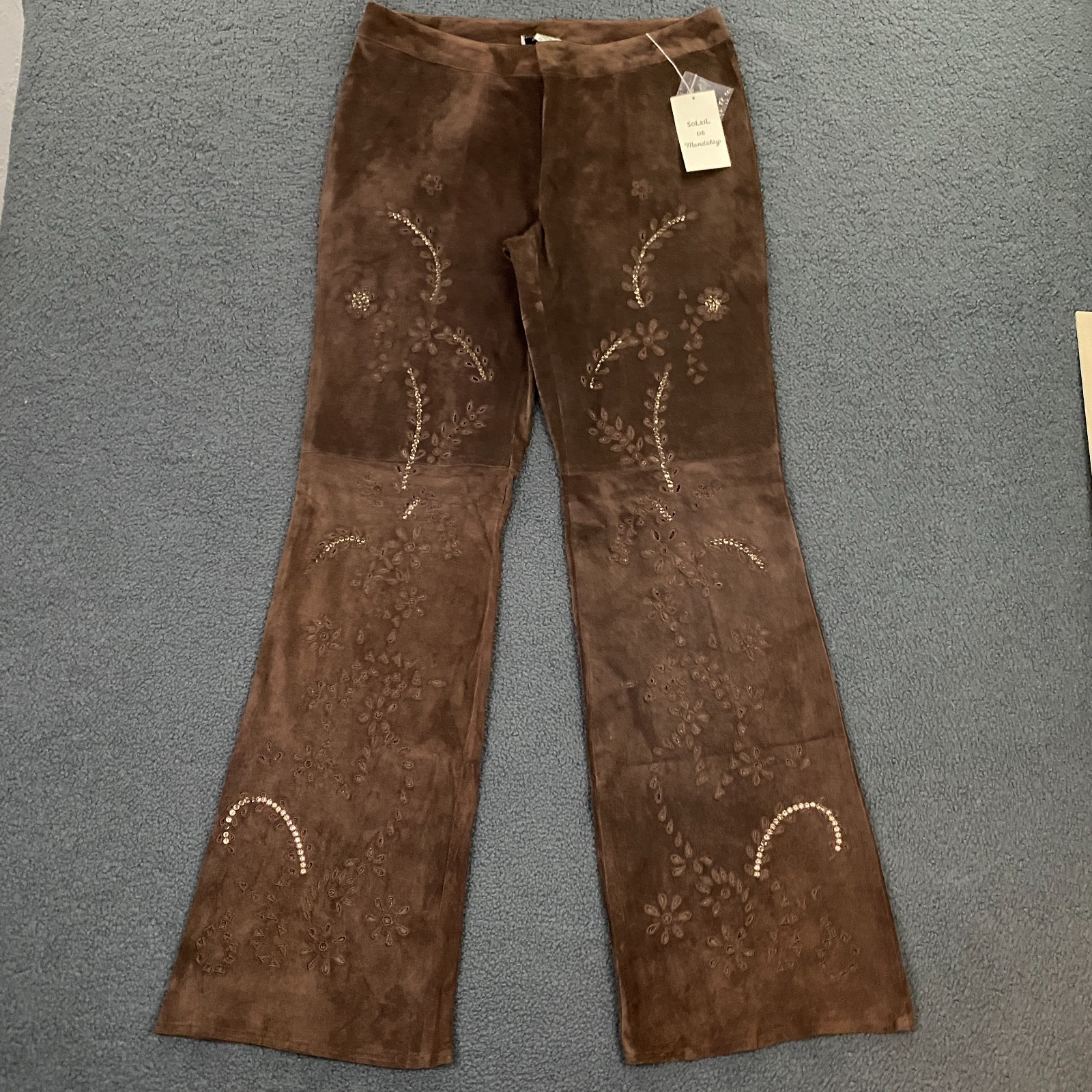 VTG Y2K Mandalay Leather Pants size 12 Brown Suede Bootcut Sequin Eyelet Western