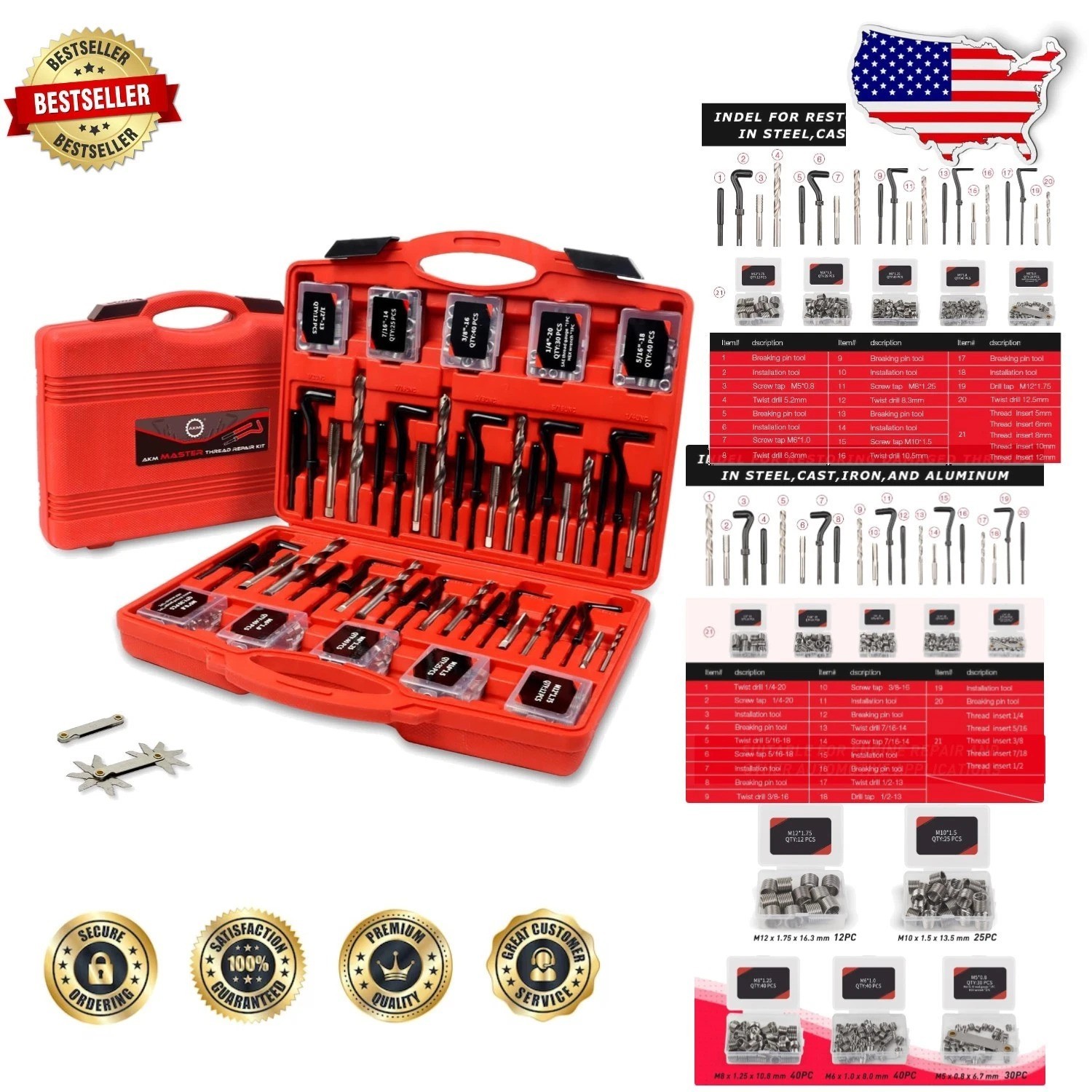 338pc Thread Repair Kit, HSS Helicoil SAE Metric Automotive Pro Tool