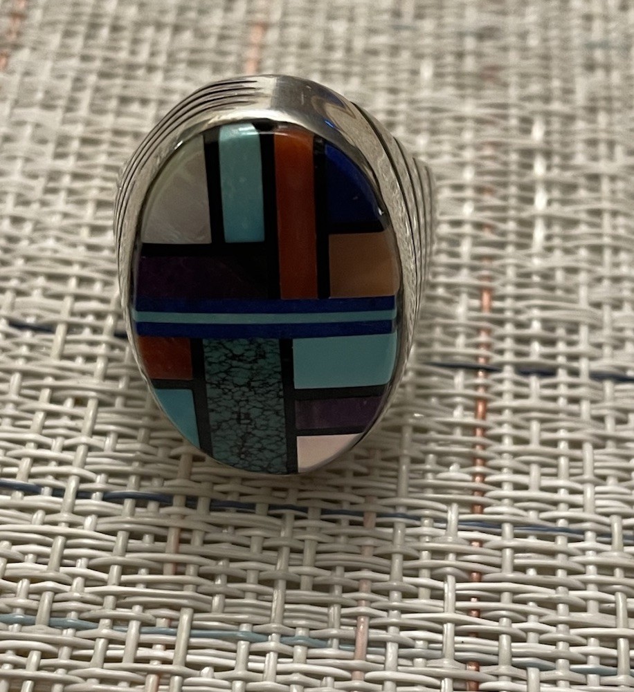VINTAGE Zuni Multi-Stone Inlay Sterling Silver Ring Men's Size 11 Signed By S.B. VINTAGE Zuni Multi-Stone Inlay Sterling Silver Ring Men's Size 11 Signed By S.B.