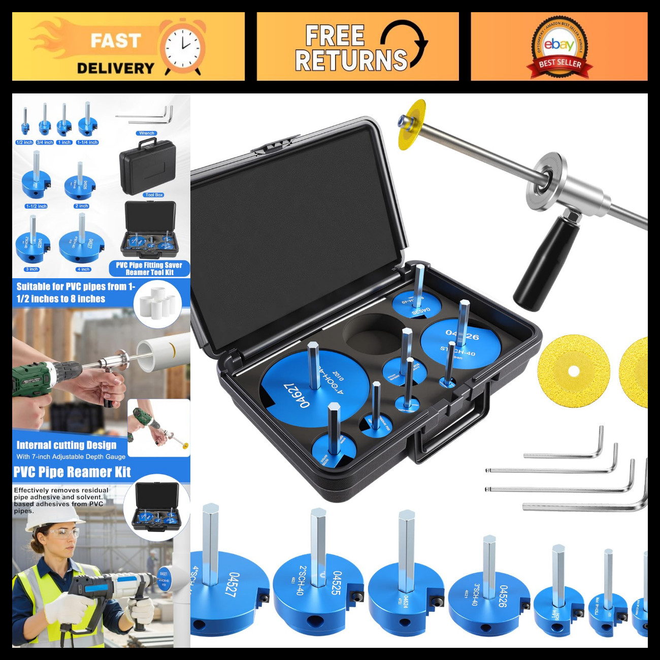 9 Pcs PVC Pipe Fitting Reamer Tool Kit, Inside Cutter with Diamond Grit Heads 1/ 9 Pcs PVC Pipe Fitting Reamer Tool Kit, Inside Cutter with Diamond Grit Heads 1/