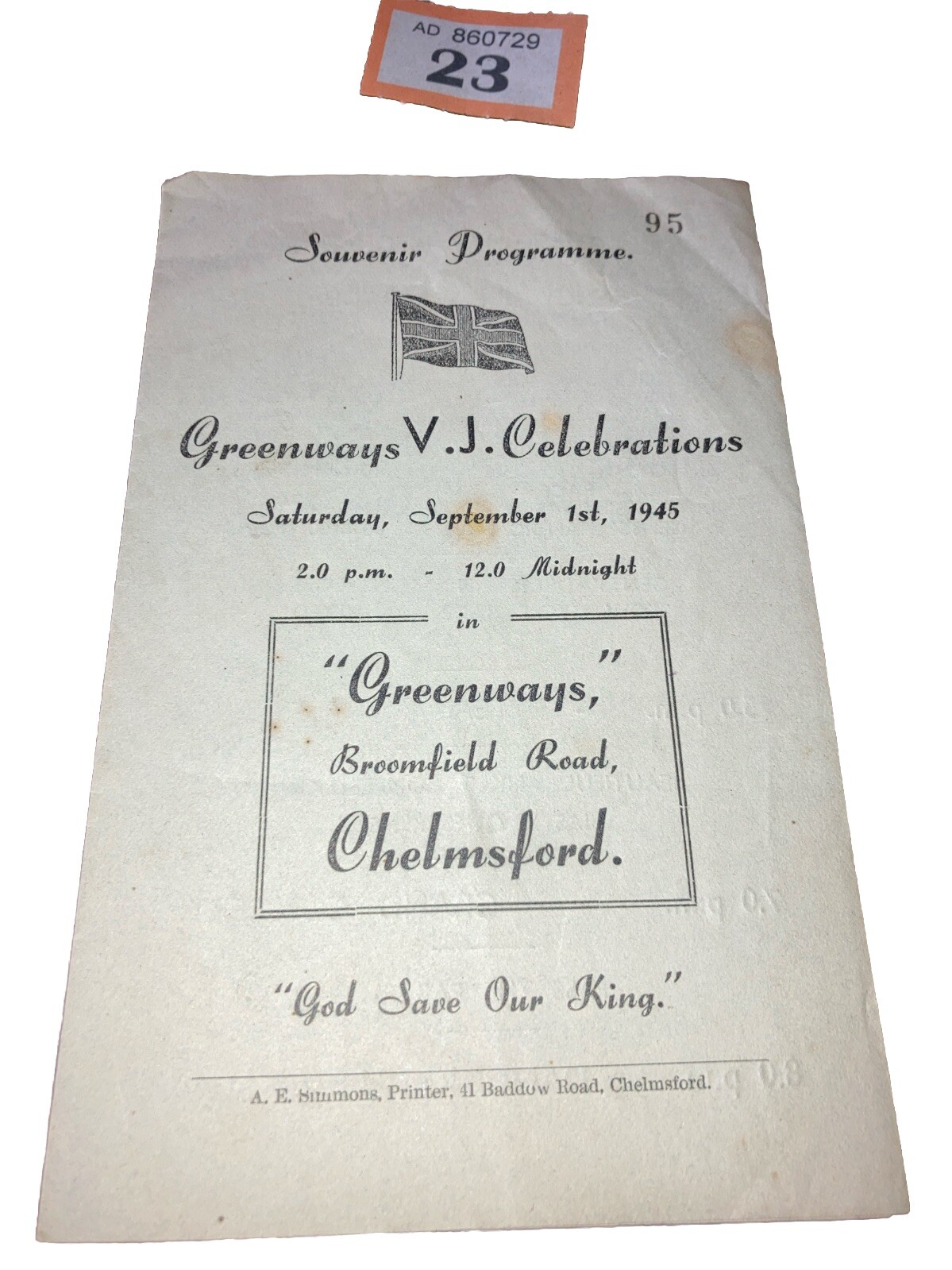Vintage 1945 VJ Day Souvenir Programme Greenways Chelmsford Celebrations WWII