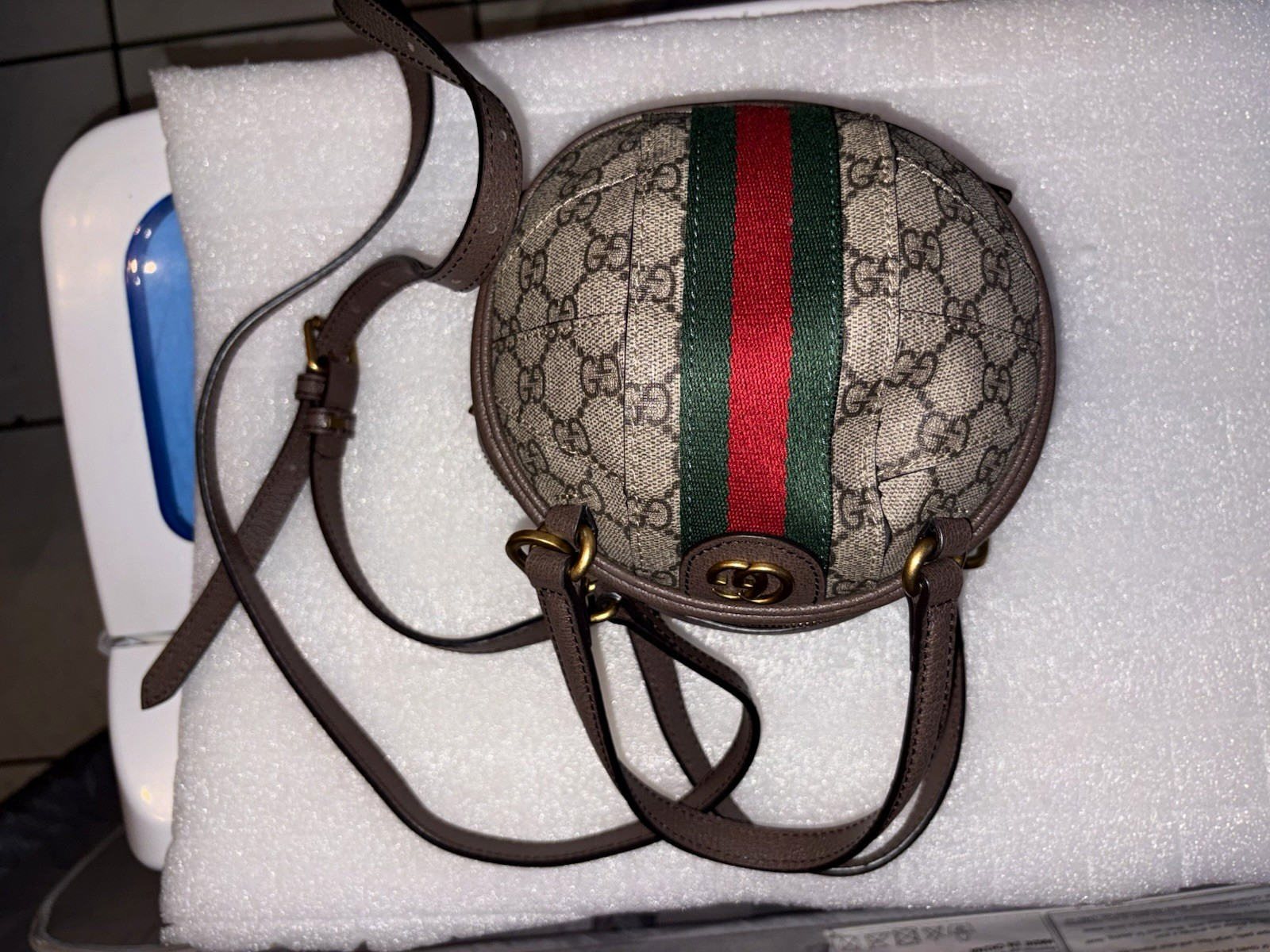 Gucci GG Pattern Ophidia Round Crossbody Bag Web Stripe Beige/Brown