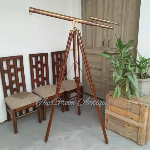 39 Inch Antique Nautical Floor Standing Brass Telescope With Wooden Tripod Stand