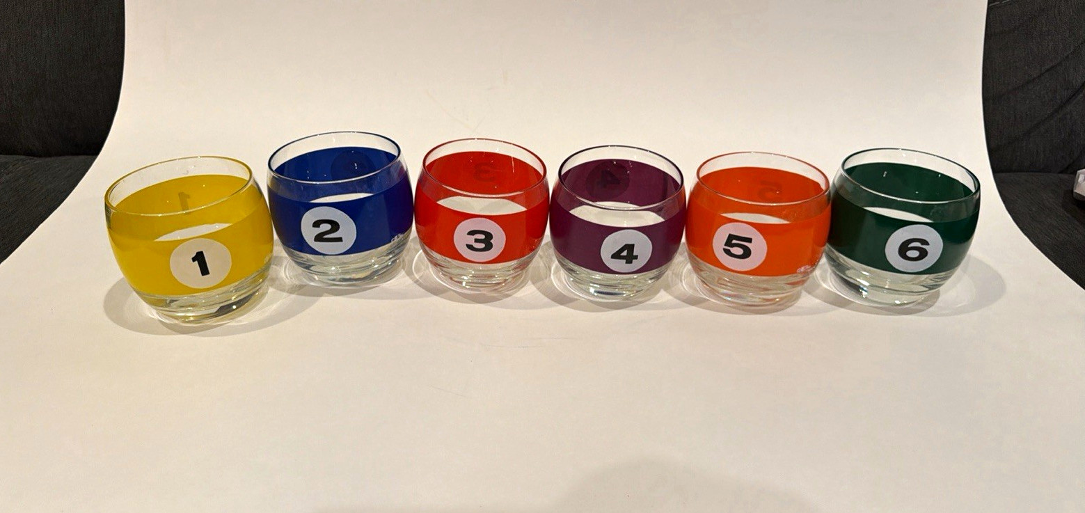 Vintage MCM Cera Roly Poly Billiard Lowball Cocktail Glasses Pool Balls Set Vintage MCM Cera Roly Poly Billiard Lowball Cocktail Glasses Pool Balls Set