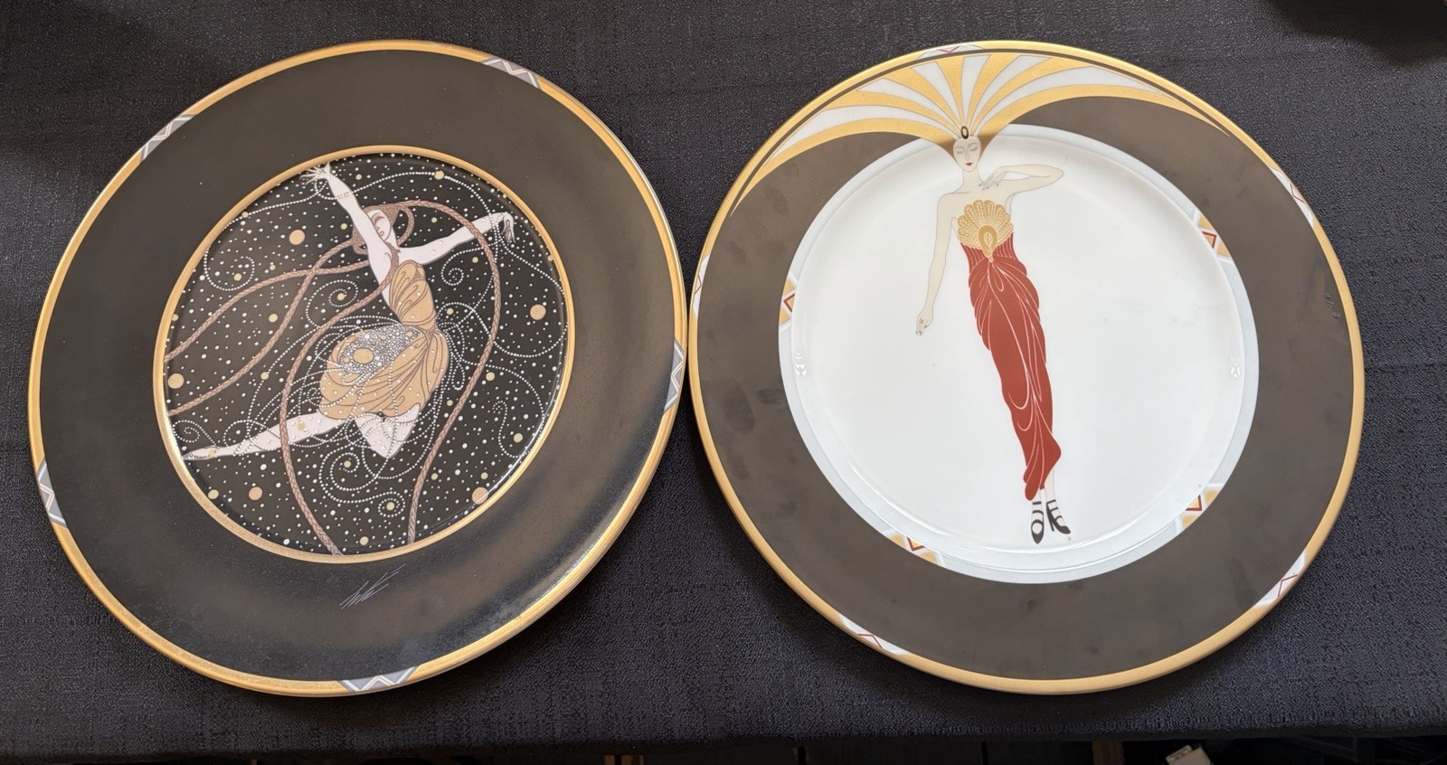 Vintage Erte Mikasa 2pc Charger Plate Set Le Soleil Ebony & Ondee Art Deco