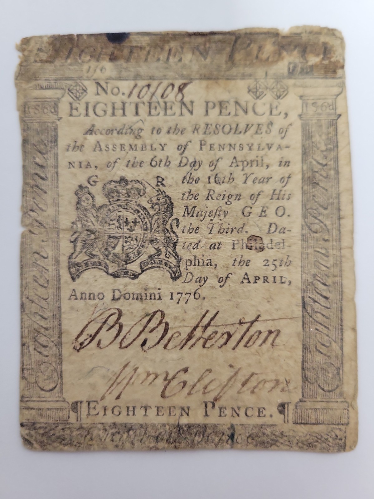 APRIL 25, 1776 18d EIGHTEEN PENCE PENNSYLVANIA COLONIAL CURRENCY NOTE APRIL 25, 1776 18d EIGHTEEN PENCE PENNSYLVANIA COLONIAL CURRENCY NOTE