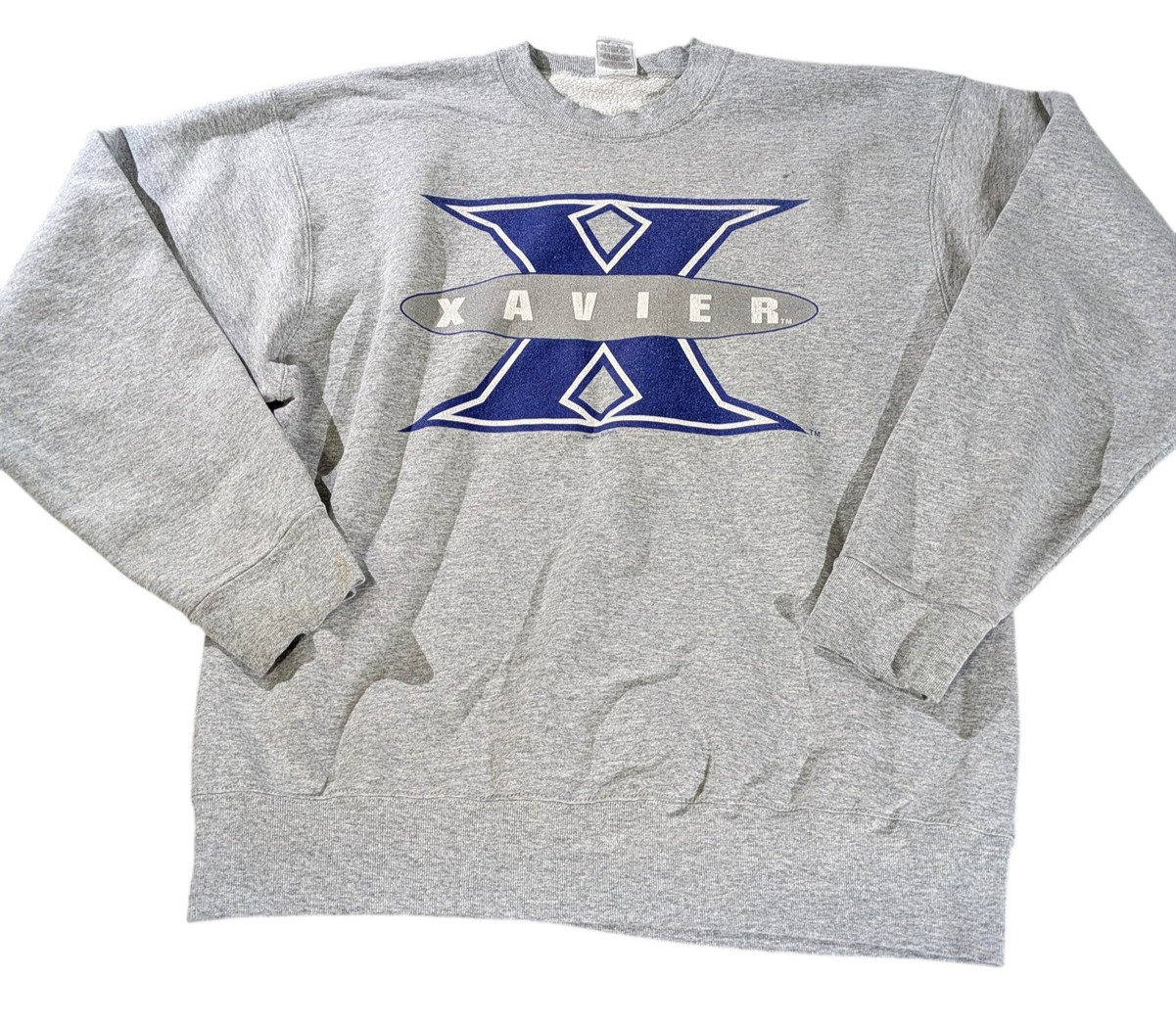 Vintage Xavier University Sweater Mens XL Gray Big Logo Sweatshirt Made USA Crew