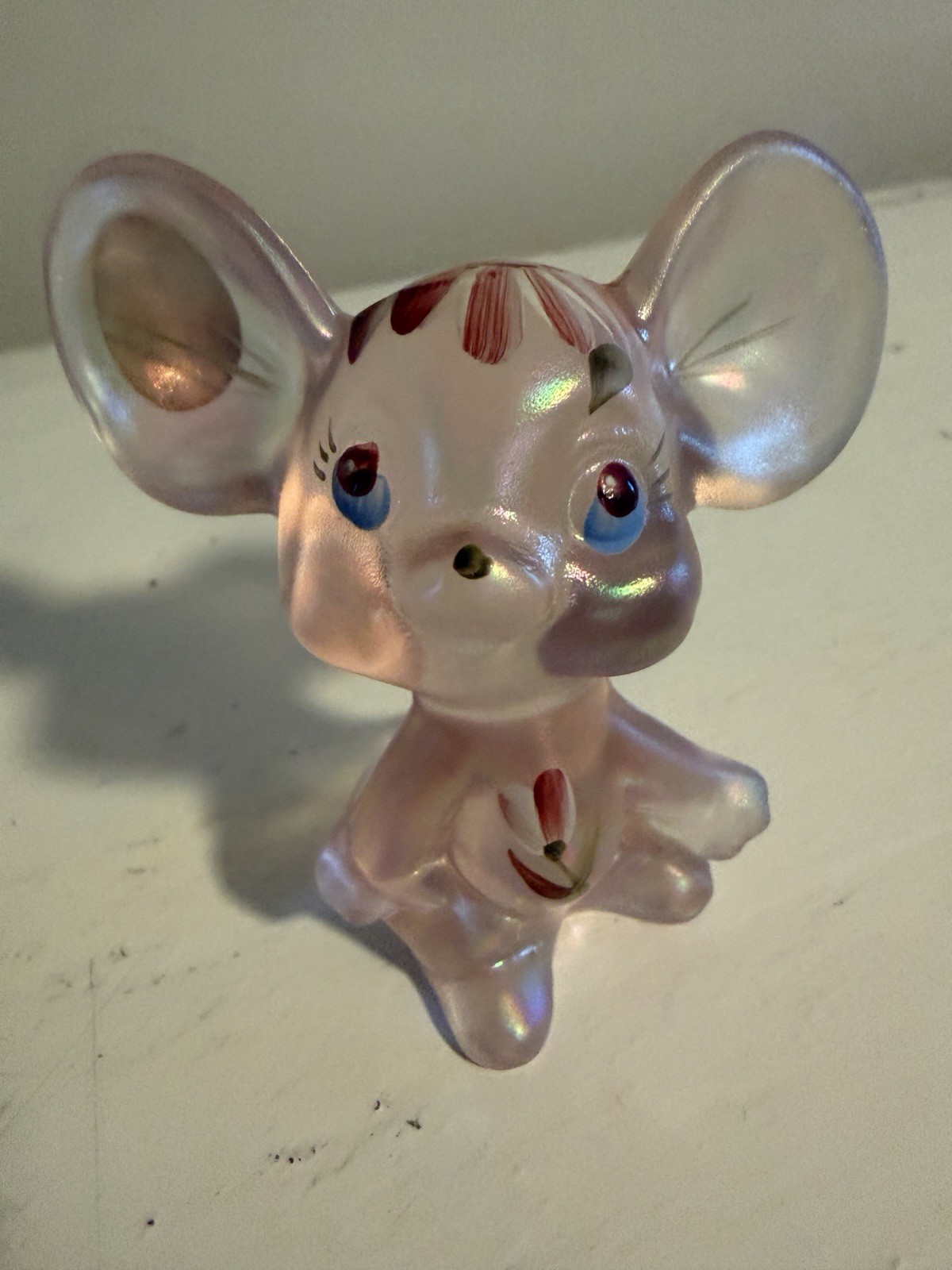 Vintage Fenton Art Glass Mouse Figurine Iridescent Pink Hand Painted Floral Vintage Fenton Art Glass Mouse Figurine Iridescent Pink Hand Painted Floral