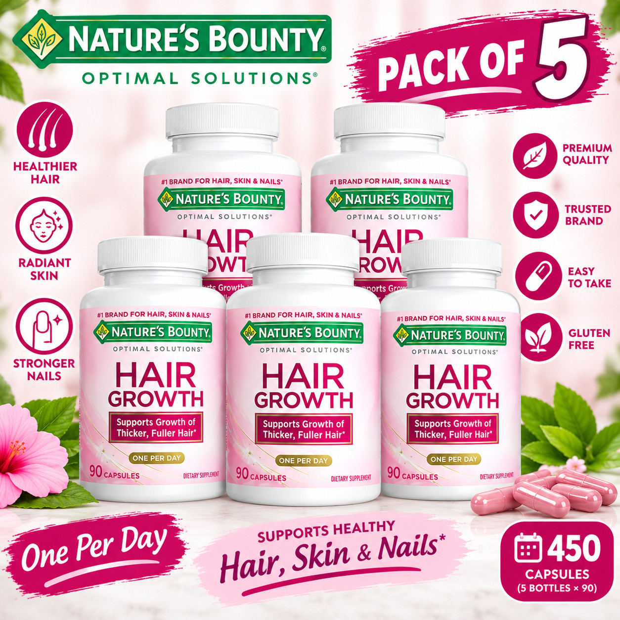 5 Pack Hair Growth Nature Bounty Support – Essential Vitamins 90 Capsules 5 Pack Hair Growth Nature Bounty Support – Essential Vitamins 90 Capsules