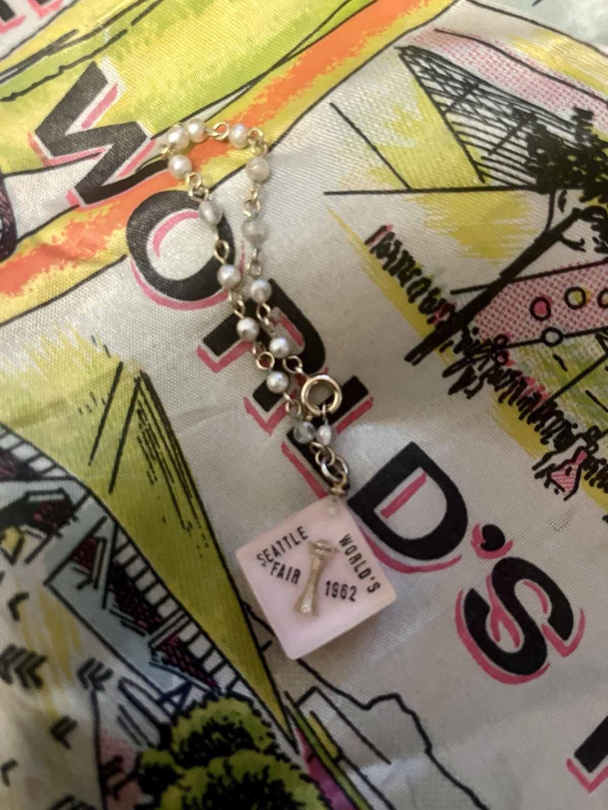 Rare 1962 Seattle World's Fair Lot- Lined Fringed Scarf and Small Charm Bracelet Rare 1962 Seattle World's Fair Lot- Lined Fringed Scarf and Small Charm Bracelet