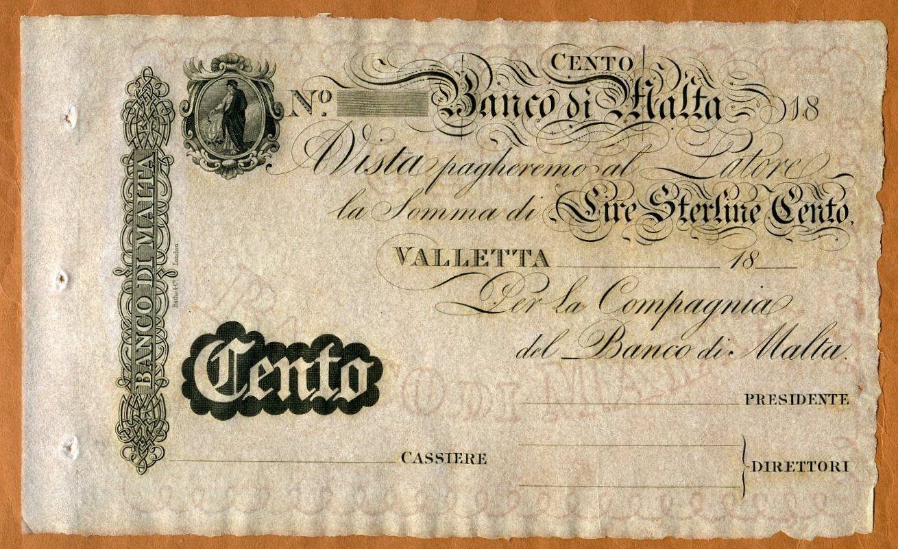 Malta, Banco Di Malta, 100 Lire, 18xx (ca 1886), P-S165, UNC Rare, Remainder Malta, Banco Di Malta, 100 Lire, 18xx (ca 1886), P-S165, UNC Rare, Remainder