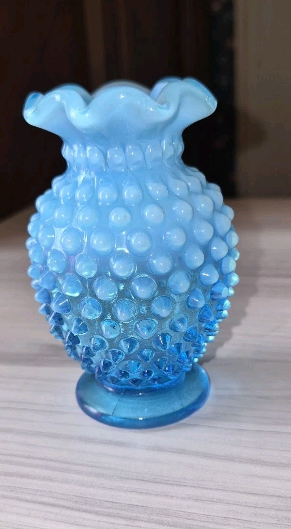 Vintage Blue Opalescent Fenton Mini Vase