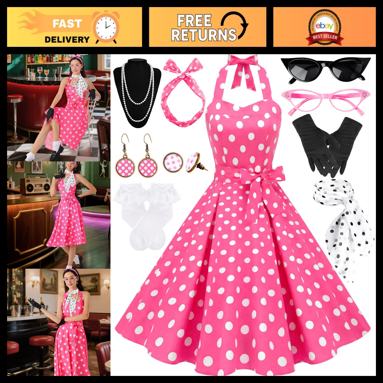 1950s Polka Dot Dress for Women | Retro Vintage Outfit with 50s Accessories
