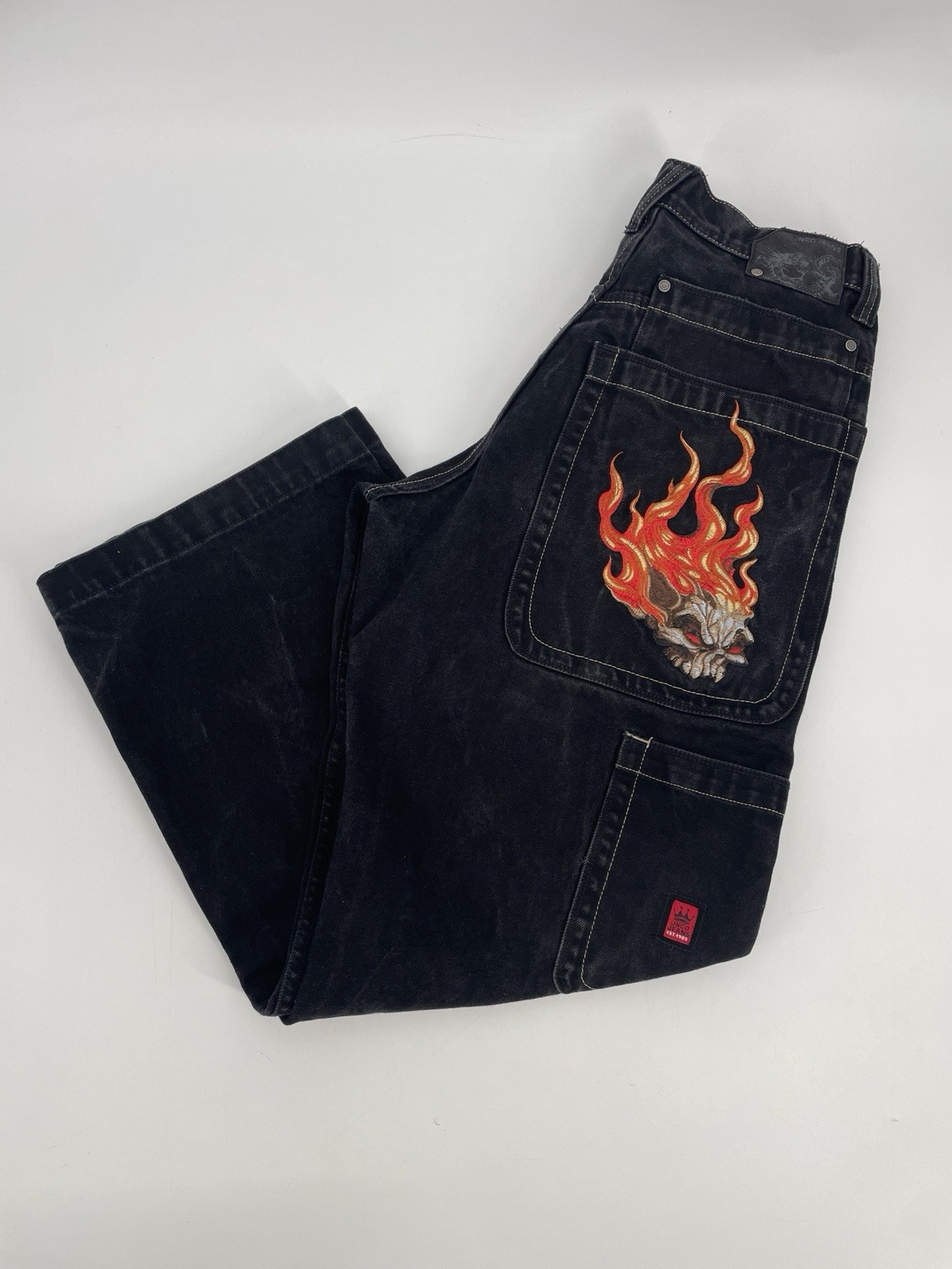 JNCO Flaming Skull Embroidered Baggy Black Wide Leg 33x32 Vtg Y2K 90s