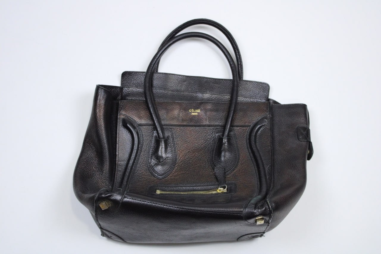 Celine Luggage Black Solid Leather Pebbled Double Handle Zip Pocket Bag Celine Luggage Black Solid Leather Pebbled Double Handle Zip Pocket Bag