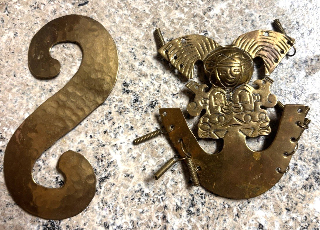 Vintage Brass Lot: Peruvian Folk Art Figural Piece + Hammered S-Hook