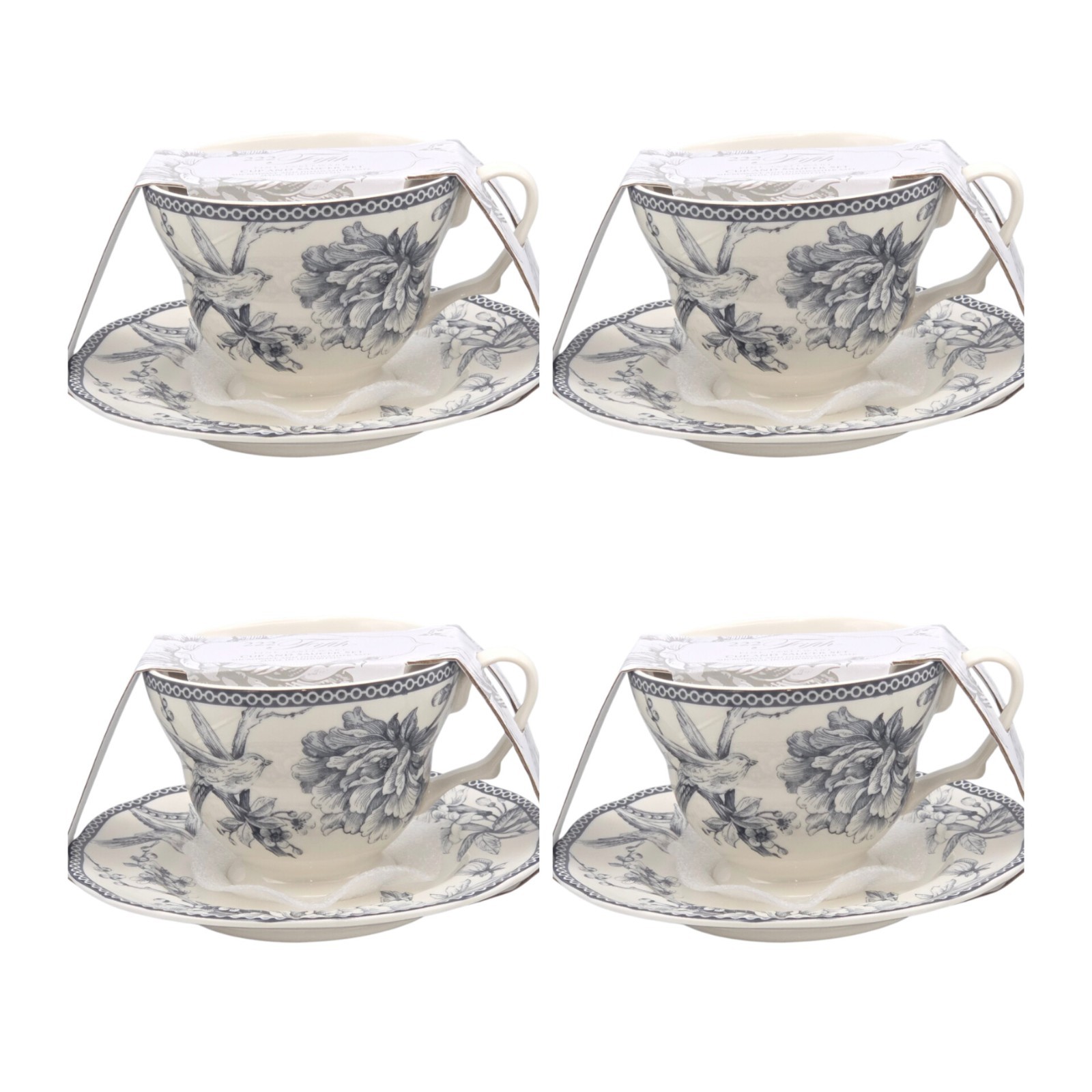 222 FIFTH Adelaide Grey Toile Floral Birds Coffee Tea Cup & Saucer Set of 4
