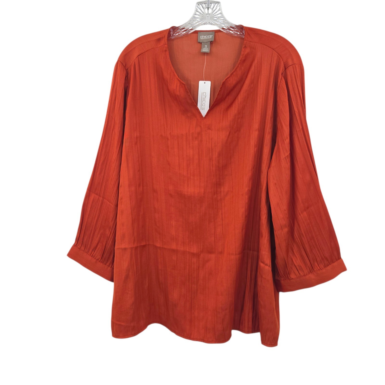 Chico\'s Women\'s Crinkle Shine Split Neck Pullover Rustic Orange Size 3 Chico\'s Women\'s Crinkle Shine Split Neck Pullover Rustic Orange Size 3