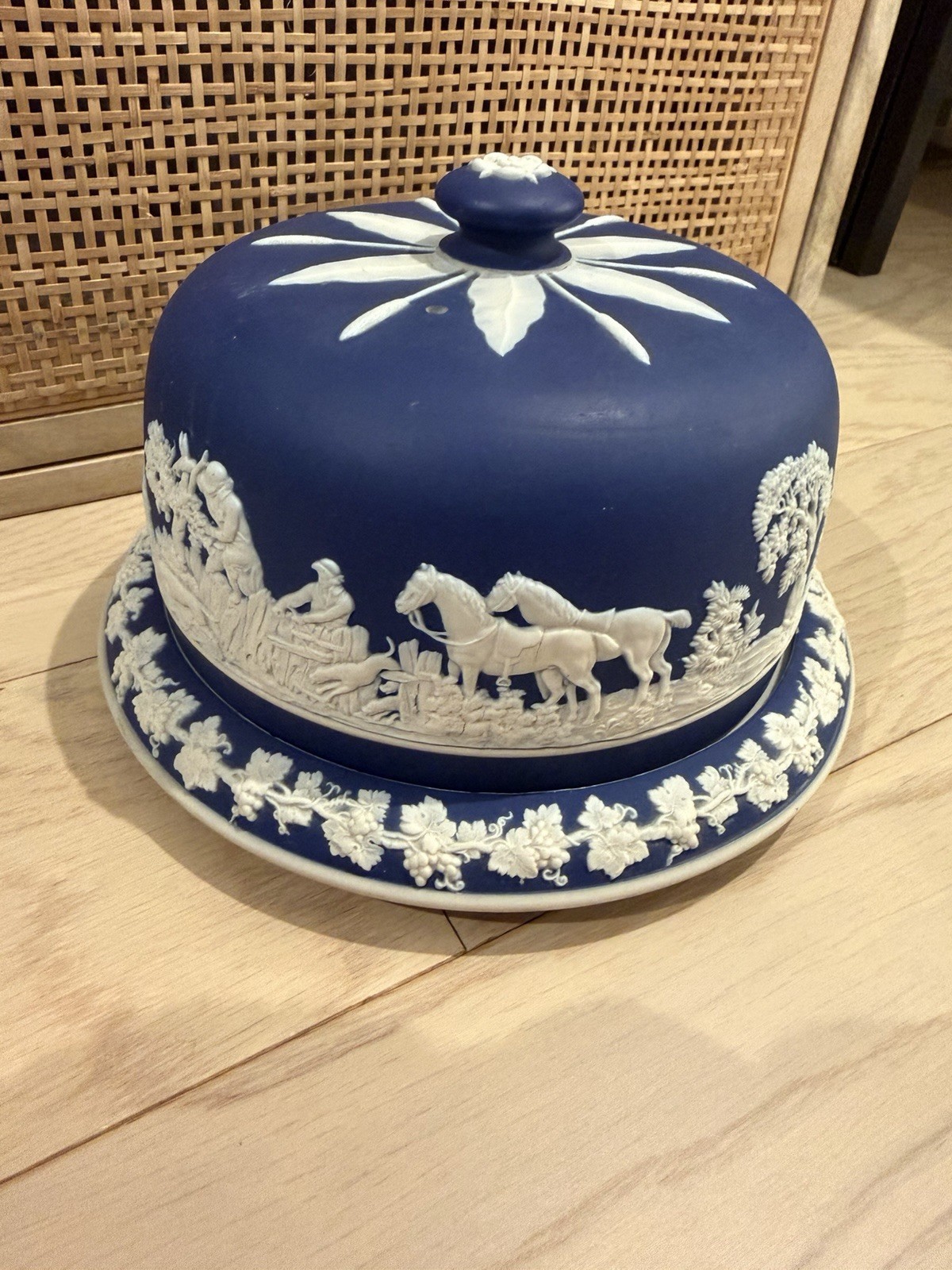Antique Adams Tunstall England Cobalt Blue Jasperware Cheese Dome Keeper Dish