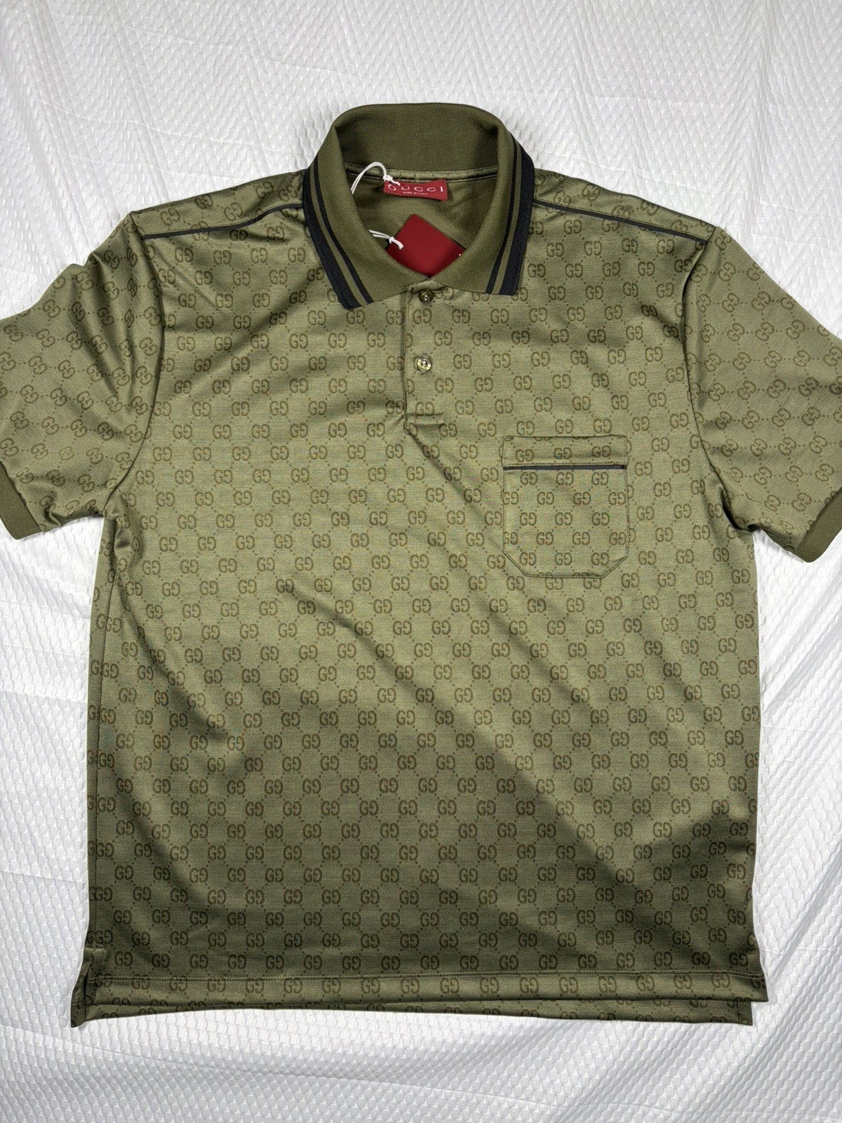 Gucci Men\'s XL GG Monogram Jacquard Polo Shirt Olive Green Excellent Condition 