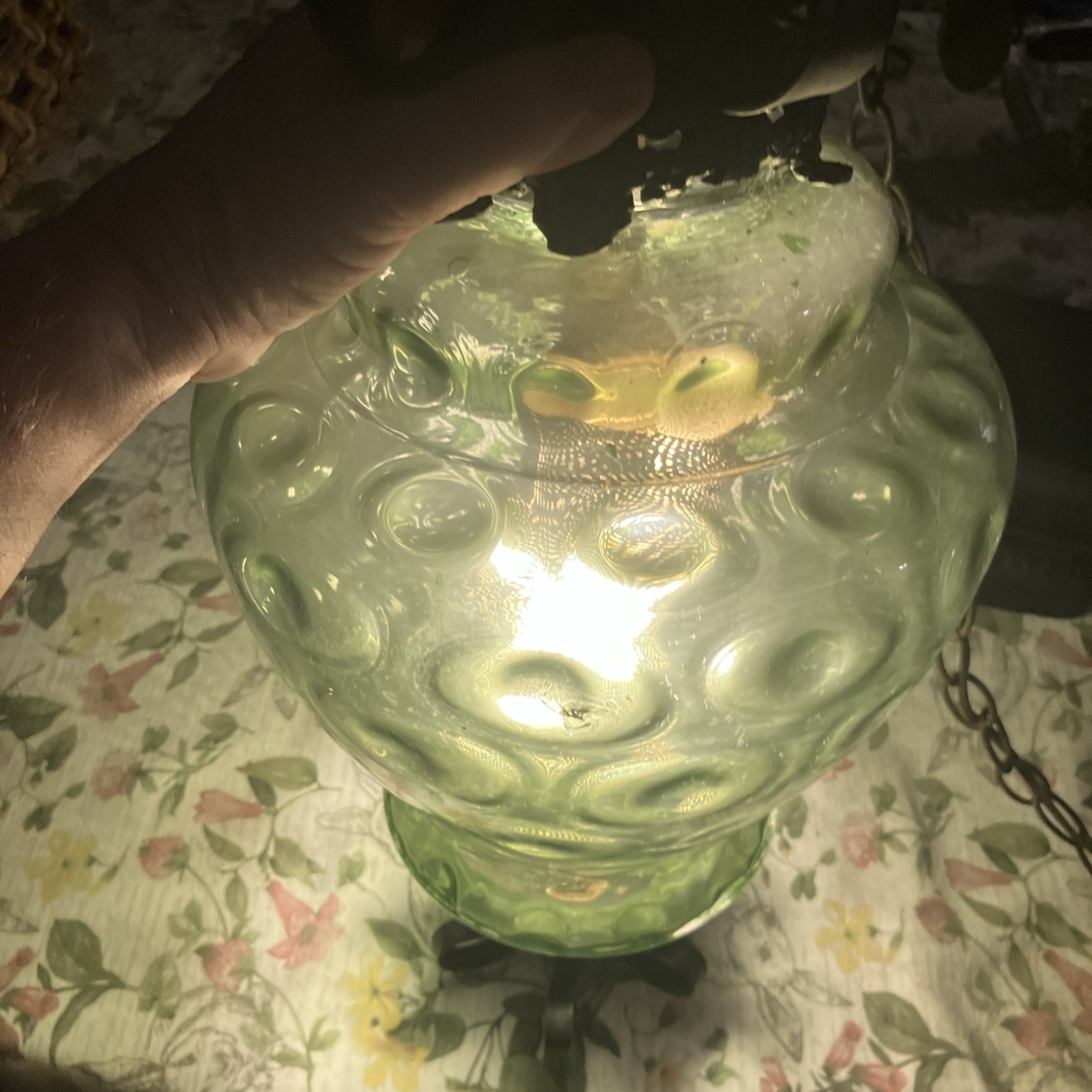 Vintage Mcm Emerald Green Large Dimple Swag Lamp 15” Globe Light Works Vintage Mcm Emerald Green Large Dimple Swag Lamp 15” Globe Light Works
