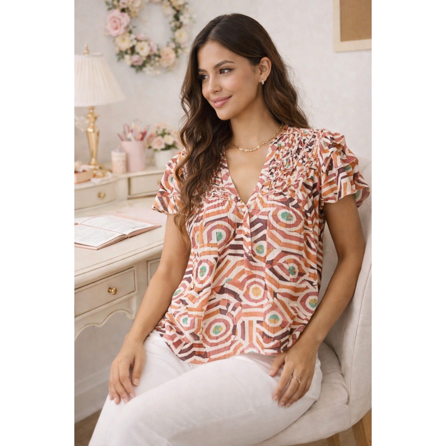 Maeve Anthropologie Blouse Womens Large Geometric Abstract Ruffle V-Neck Top